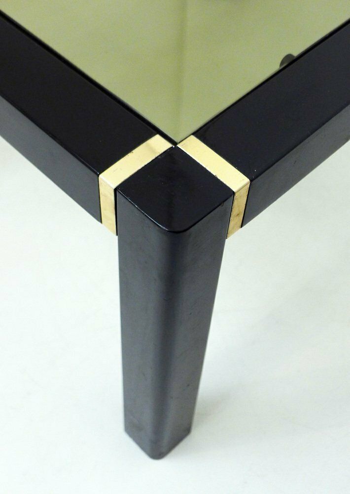 Small Vintage Coffee Table In Black Lacquered Wood And Gold Metal, Smoked Glass Top, 1970s photo for sale