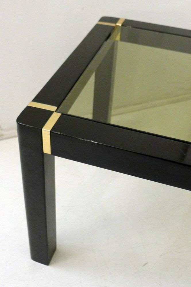 Small Vintage Coffee Table In Black Lacquered Wood And Gold Metal, Smoked Glass Top, 1970s photo 190.0