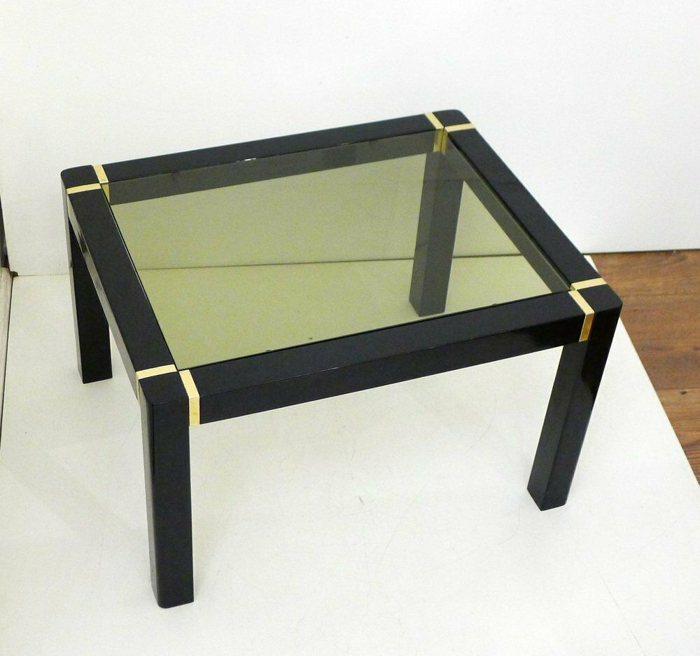 photo for sale Small Vintage Coffee Table In Black Lacquered Wood And Gold Metal, Smoked Glass Top, 1970s