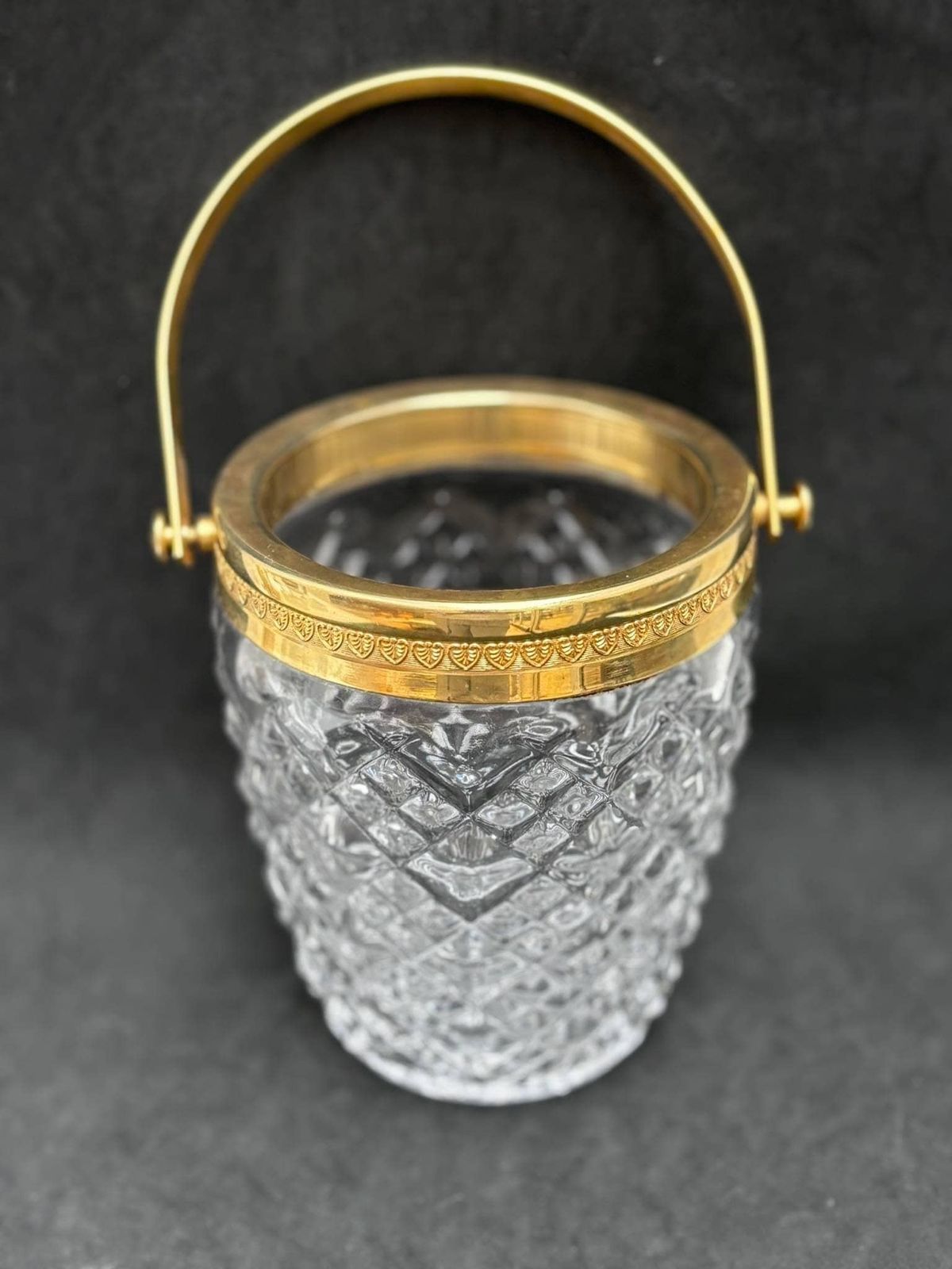 Ice Bucket Heavy Molded Glass French With Golden Metal Handles Mid Century Barware Mixology Tools Bar Cart Hollywood Regency Man Cave Gift photo 165.0