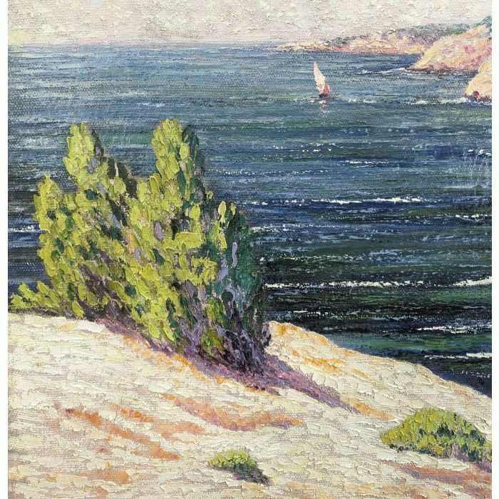 Large Oil On Marine Canvas 1900 Pointillist Signed Grallan photo Art