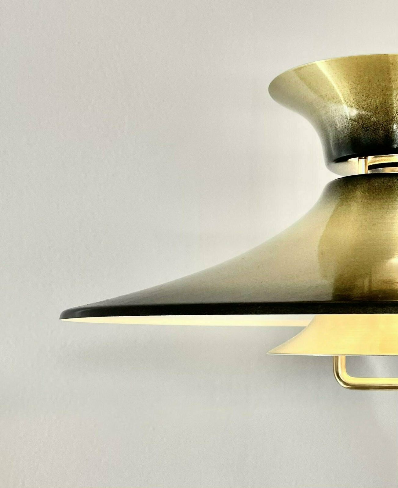 Danish Mid Century Modern Design Minimalist Ceiling Lamp With Gold And Black Painted Multilayer Metal Shades, Trumpet Top And Hanger photo furniture