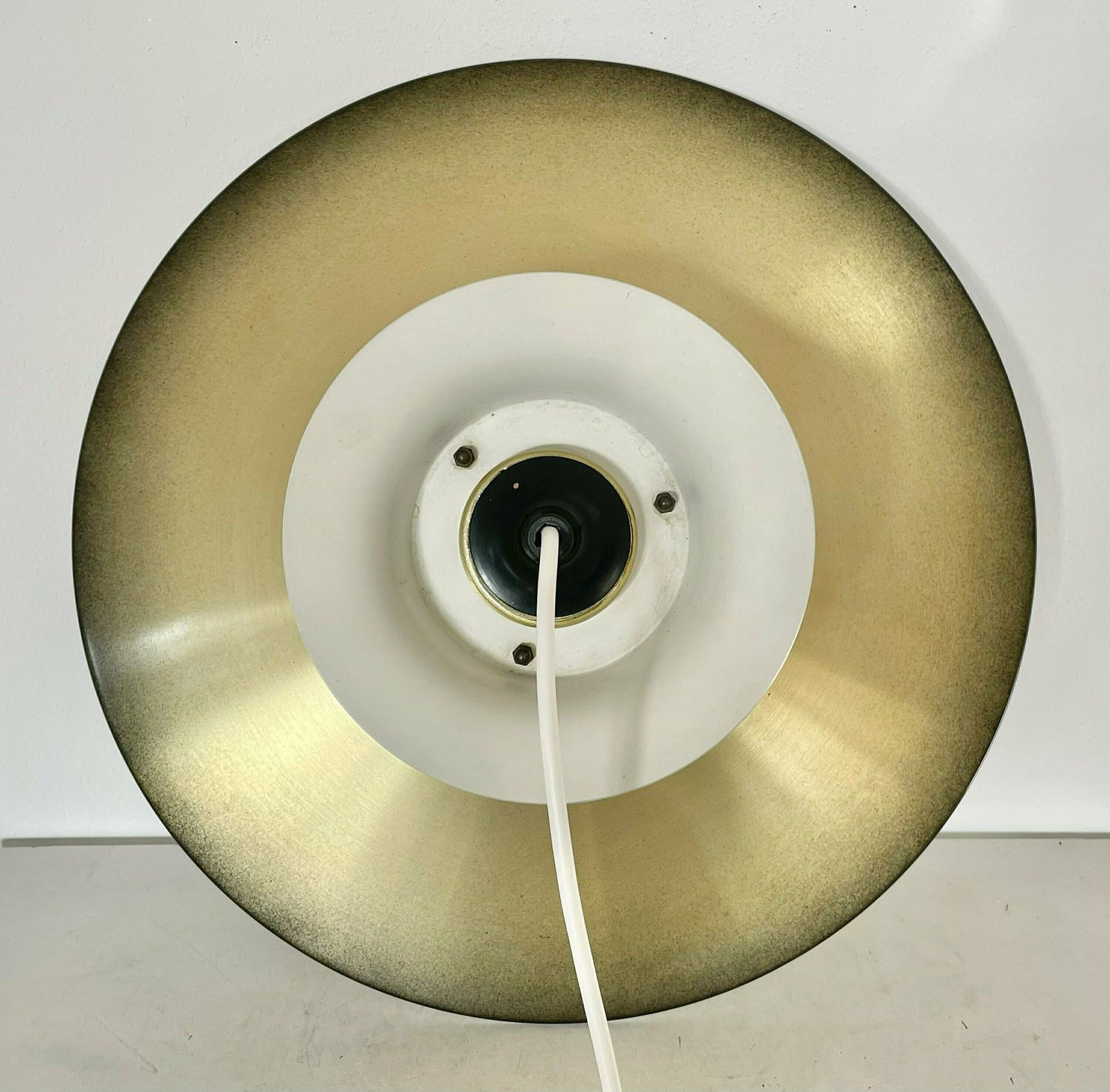 Danish Mid Century Modern Design Minimalist Ceiling Lamp With Gold And Black Painted Multilayer Metal Shades, Trumpet Top And Hanger photo vinterior