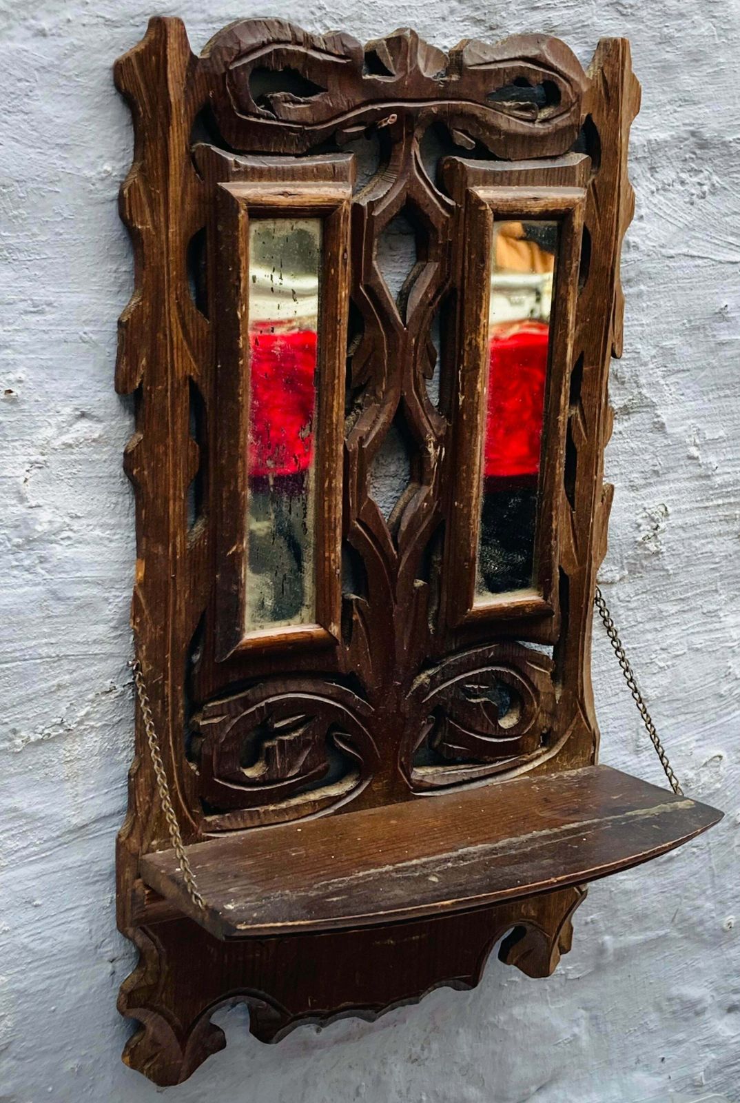 Small Antique Hand Carved Mirrored Display Shelf photo Furniture