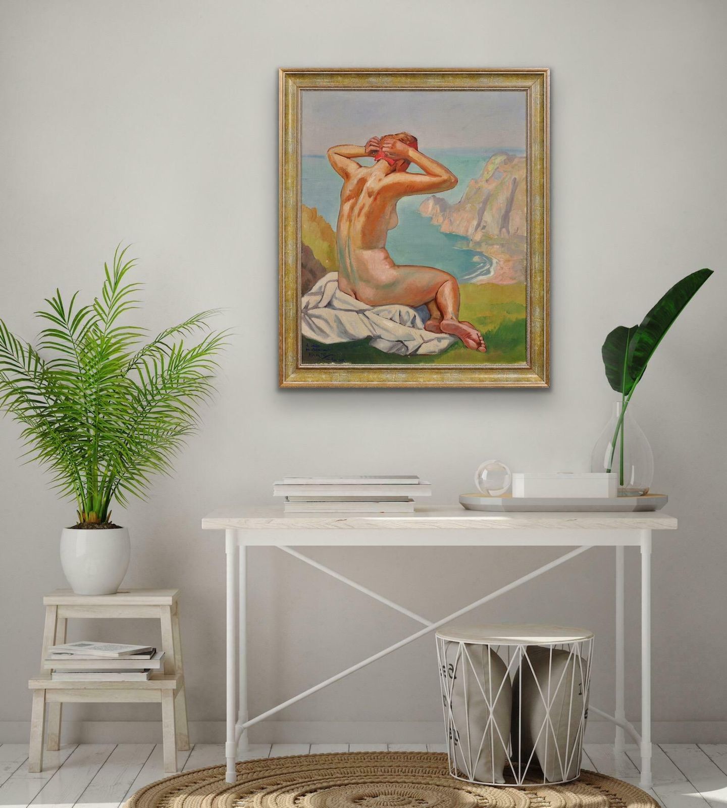 Raymond Moritz 1891 To 1950. A Liberated Lady On The Cliffs, 1927. Framed French 1920s Nude Sunbathing Oil Painting. World War 2 Dedication 1942. photo buy
