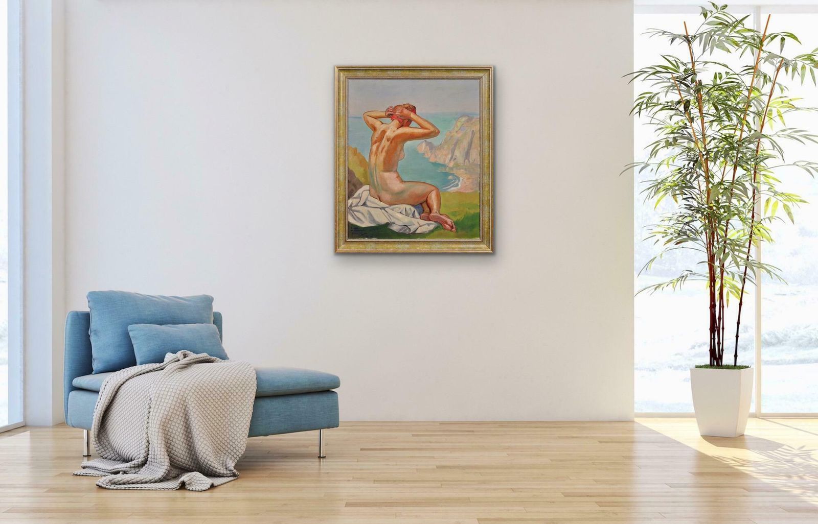 photo furniture Raymond Moritz 1891 To 1950. A Liberated Lady On The Cliffs, 1927. Framed French 1920s Nude Sunbathing Oil Painting. World War 2 Dedication 1942.