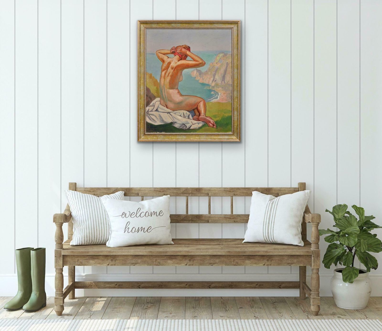 photo buy Raymond Moritz 1891 To 1950. A Liberated Lady On The Cliffs, 1927. Framed French 1920s Nude Sunbathing Oil Painting. World War 2 Dedication 1942.