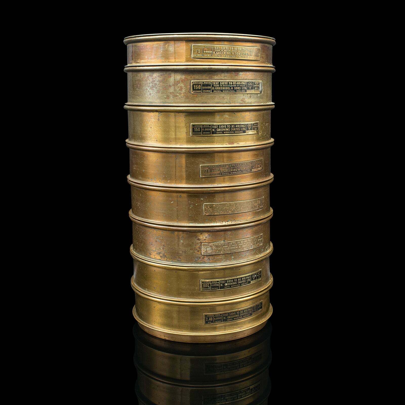 Large Set Of 8 Vintage Lab Sieves, English, Brass, Stacking, Scientific, C.1965