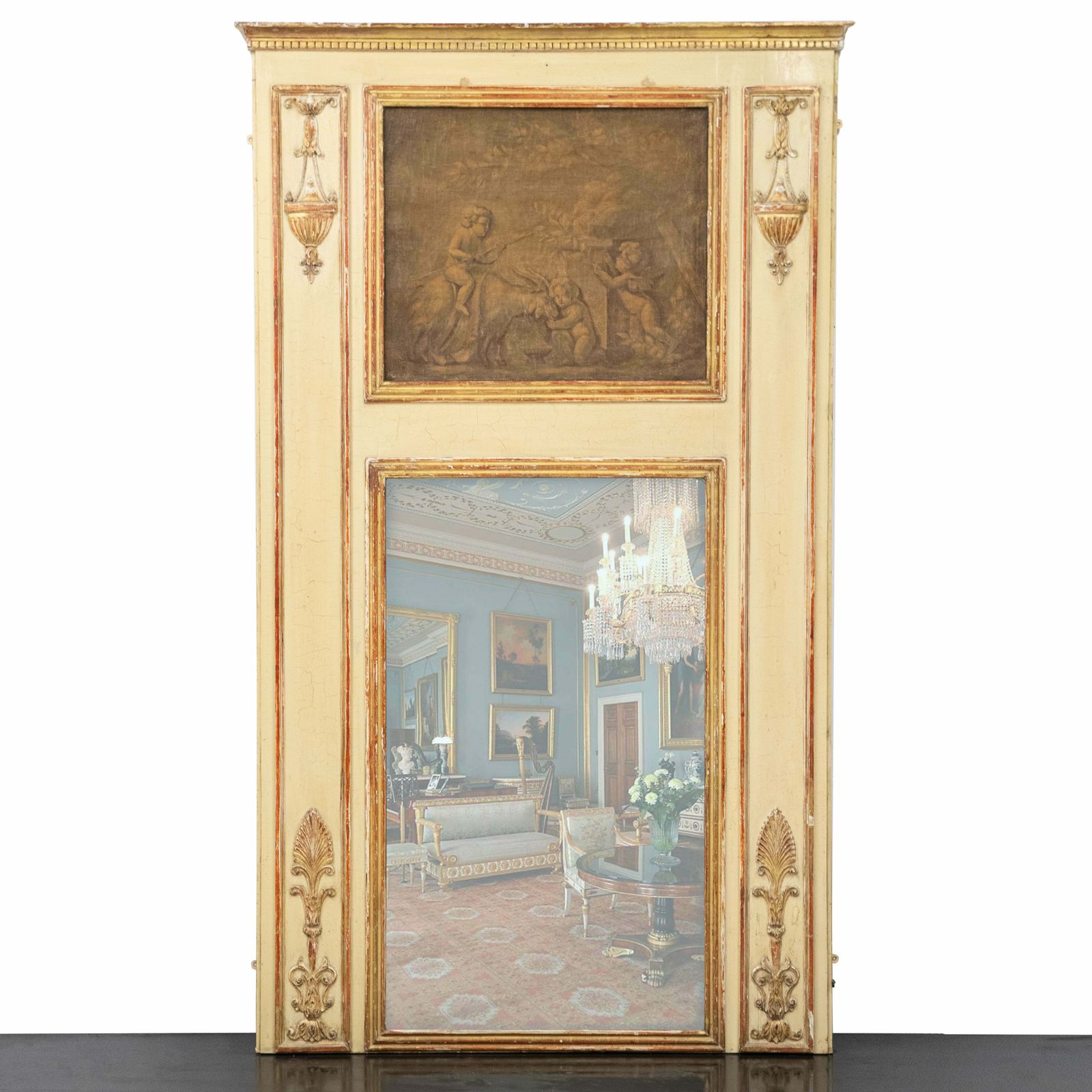 Large Louis XVI Trumeau Mirror With Oil Painting And Gilt Gesso Details