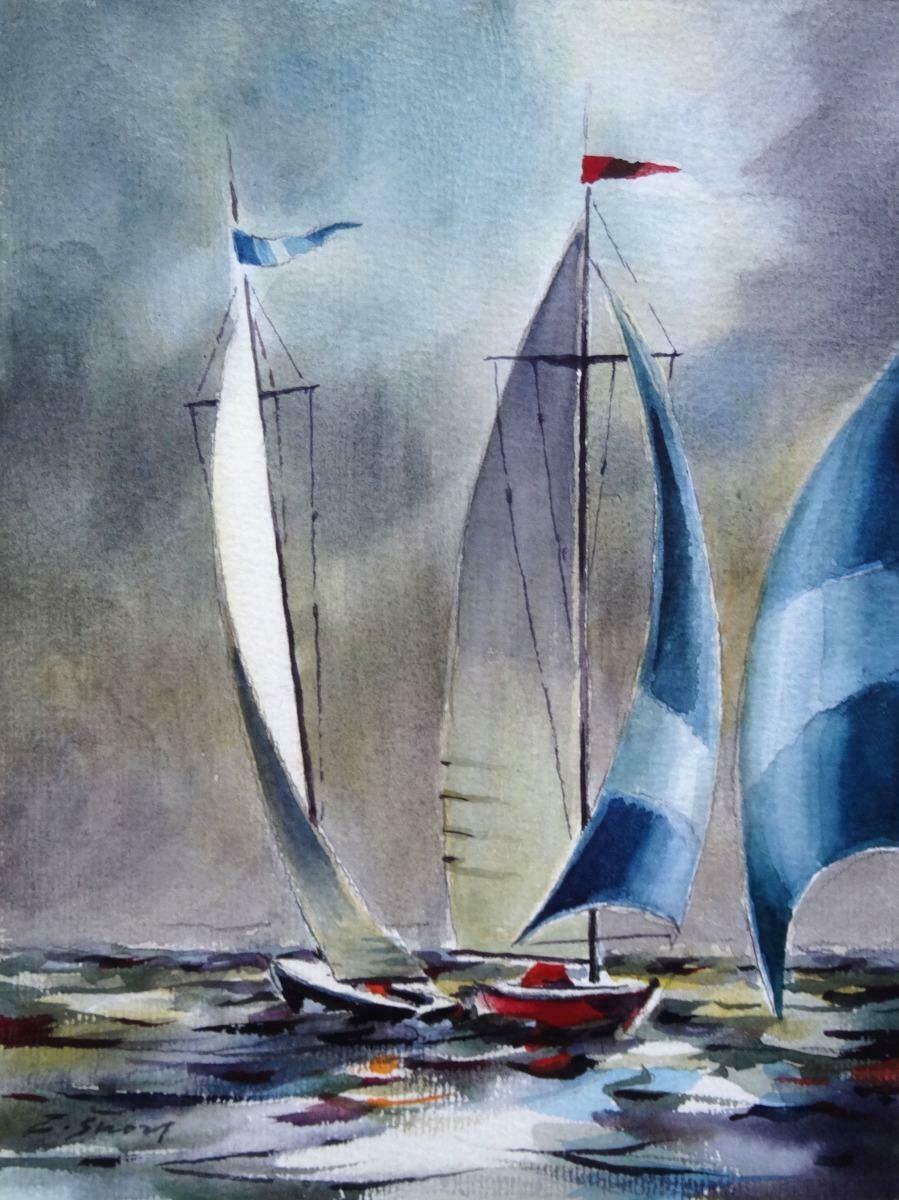 Zigmunds Snore Sailboats. Watercolor On Paper,