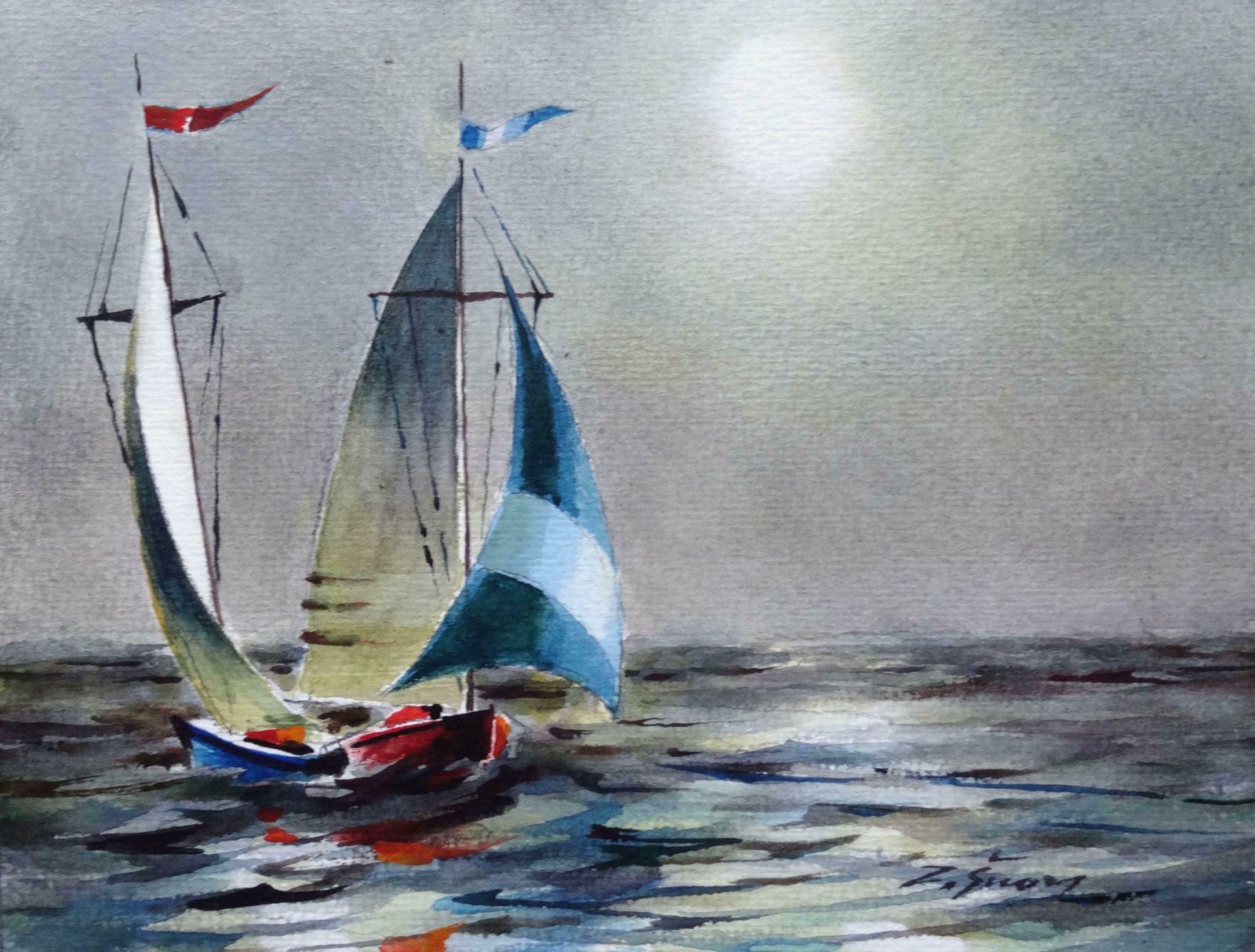Zigmunds Snore Sailboats I. Watercolor On Paper,