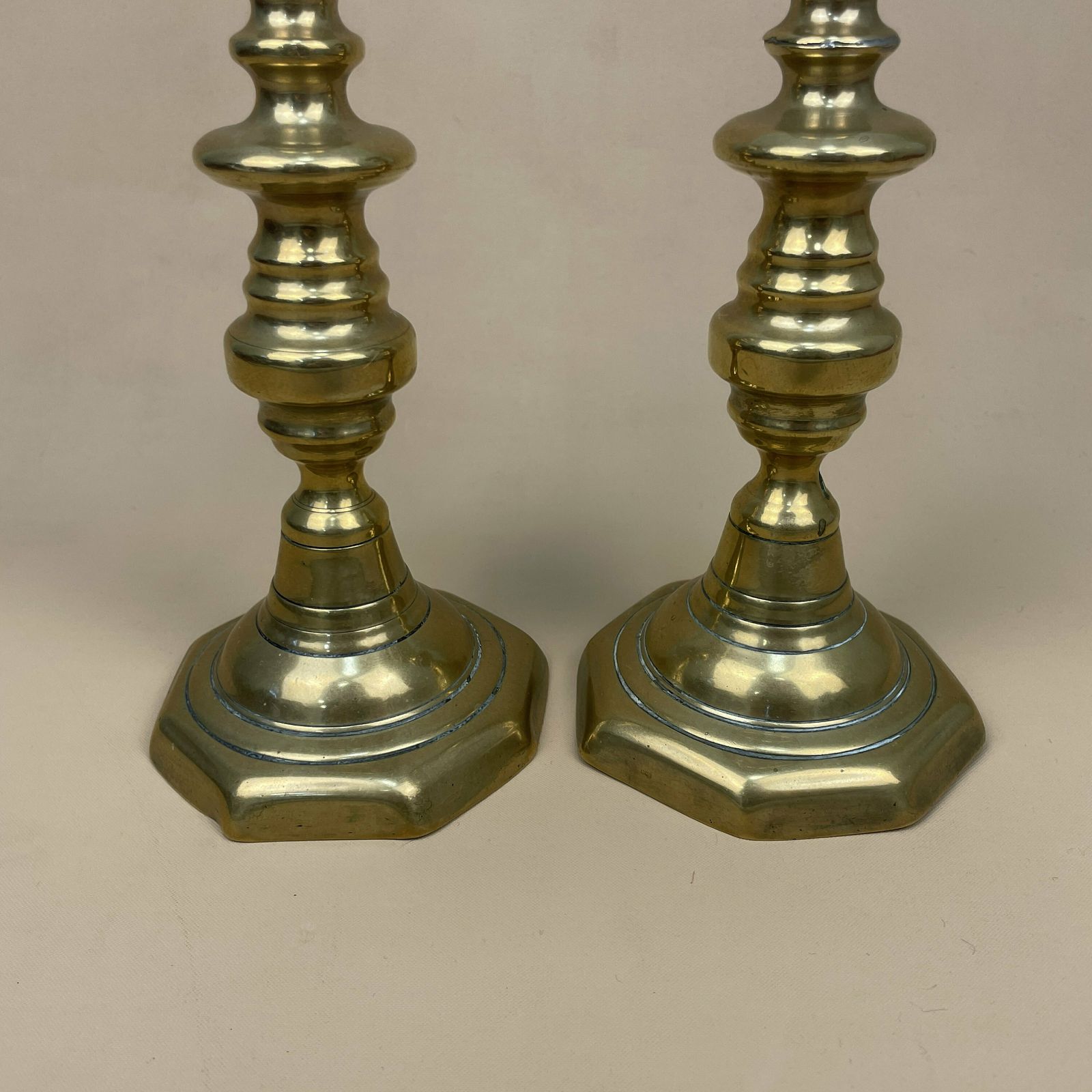 Antique Matching Pair Of Gold Solid Brass Metal Candlestick Candle Stick Heavy Vintage Column Taper Dinner Candlesticks Hexagon Base Set photo 55.0