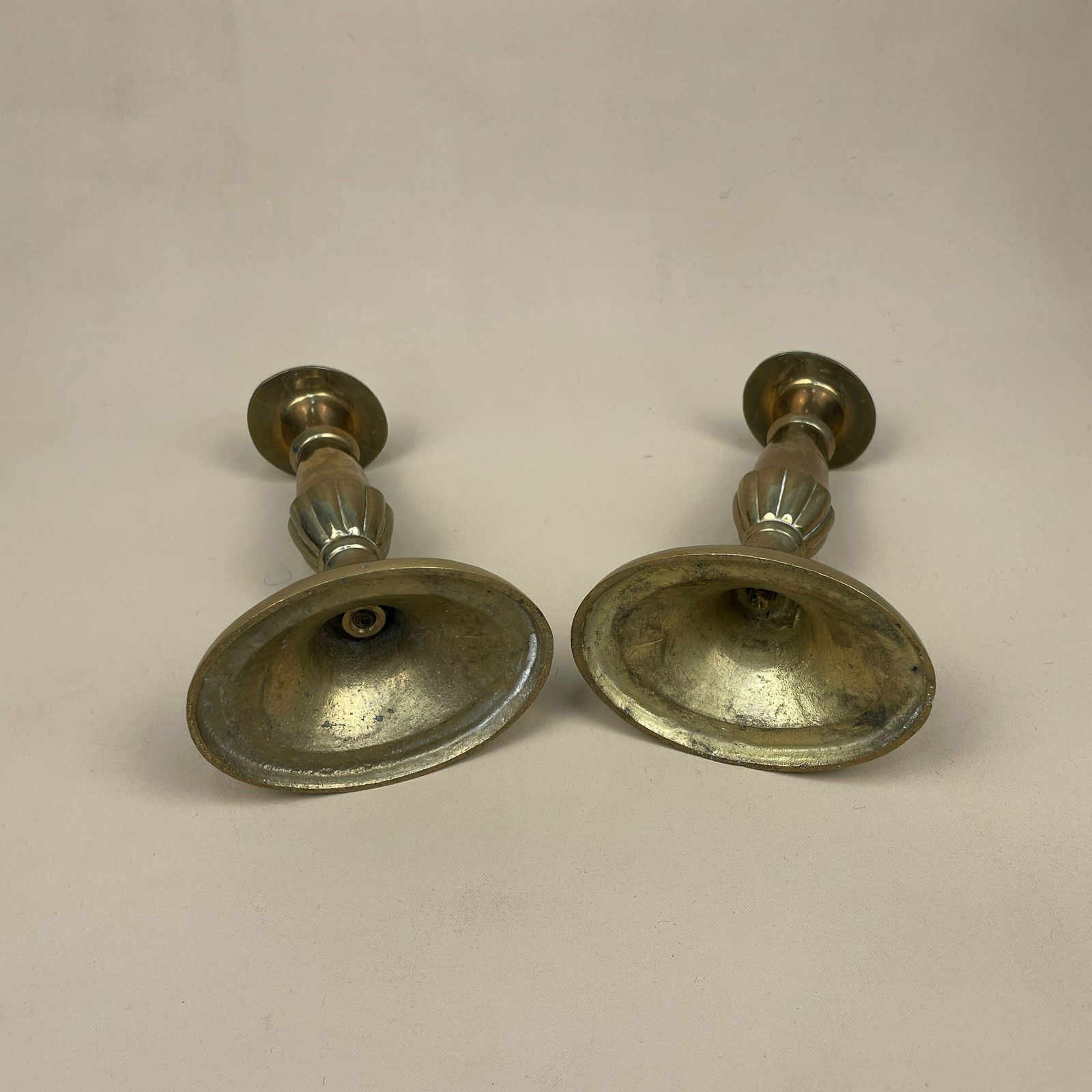 Antique Matching Pair Of Gold Solid Brass Metal Candlestick Candle Stick Heavy Vintage Column Taper Dinner Candlesticks Hexagon Base Set photo buy