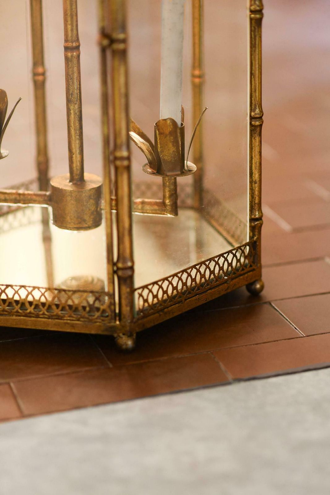 Large Pagoda Shaped French Lantern In Golden Metal From The 1970s photo Lighting