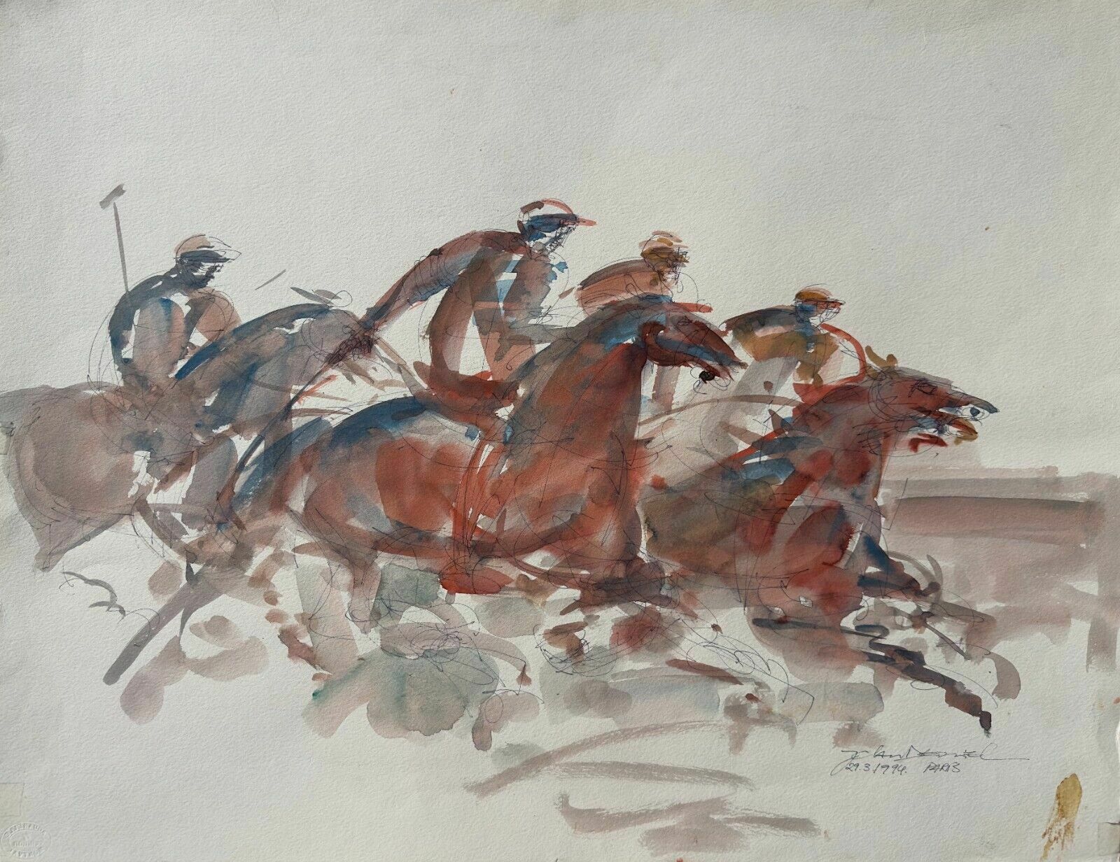 Jean Claude Deniel   Watercolor Drawing Signed Dated 1993 Part Of Polo Horse