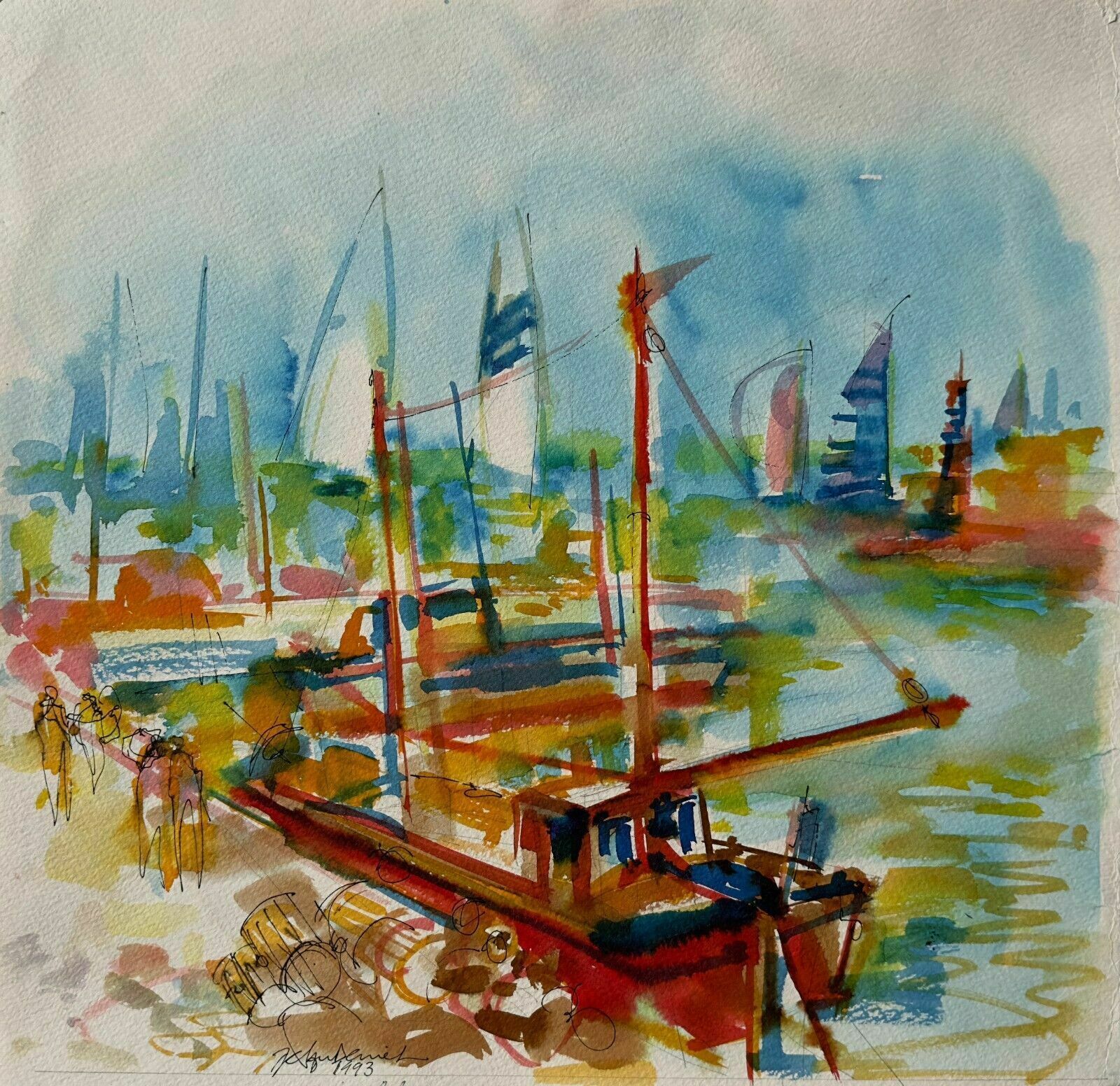 Jean Claude Deniel   Watercolor Drawing Signed Dated 1993 Painting Brittany Port