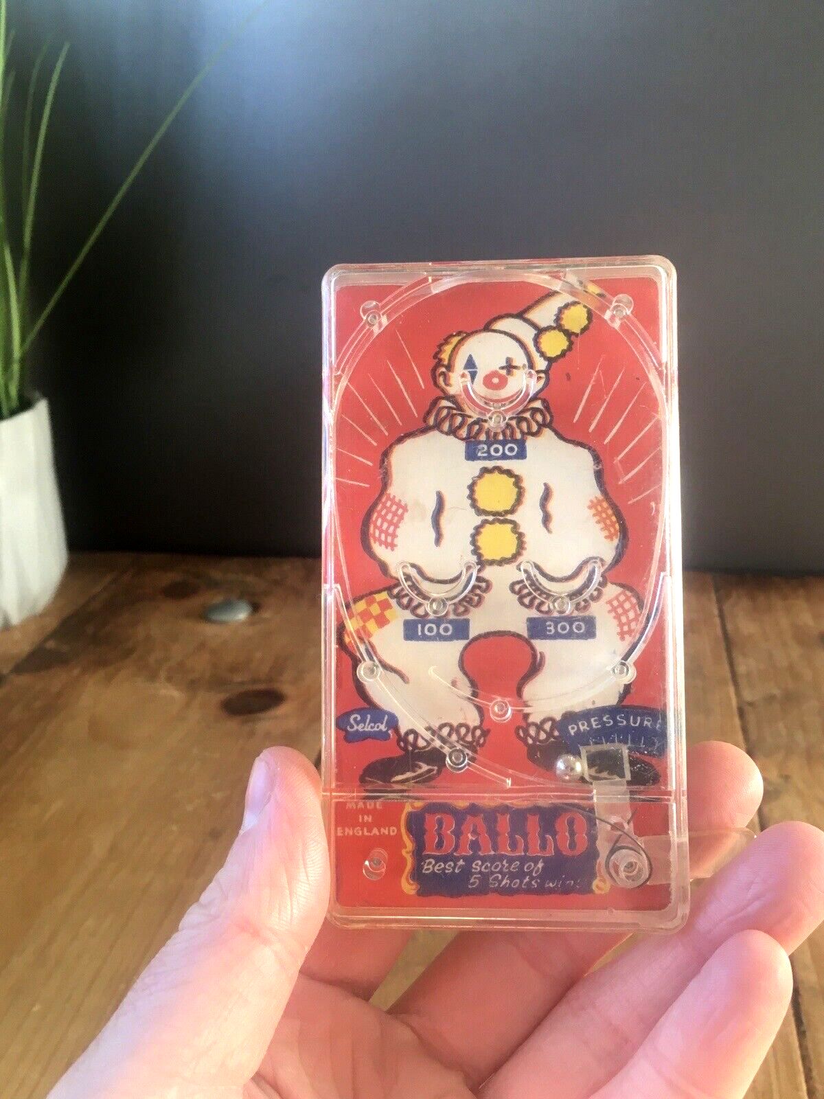Rare Vintage 60's Selcol Ballo Circus Clown Pinball Bagatelle Handheld Toy Game
