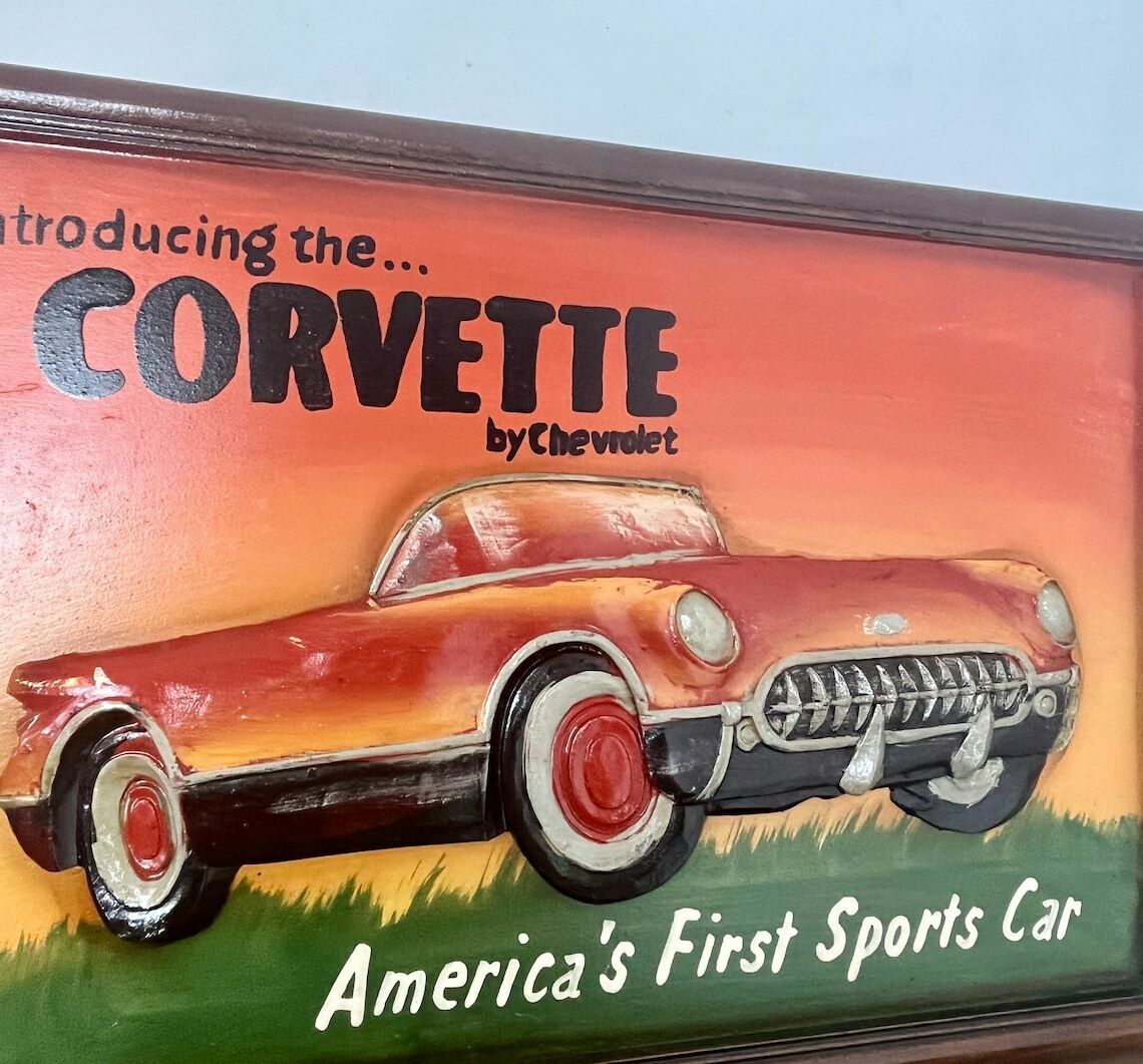 Amazing Chevrolet Corvette Vintage Wooden Advertising Sign, Plaque 3d Raised, Hand Painted, Retro, Americana, Car, Automobile Collectable photo for sale