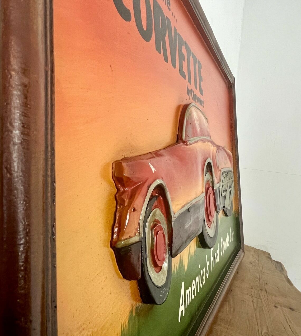 Amazing Chevrolet Corvette Vintage Wooden Advertising Sign, Plaque 3d Raised, Hand Painted, Retro, Americana, Car, Automobile Collectable photo vintage