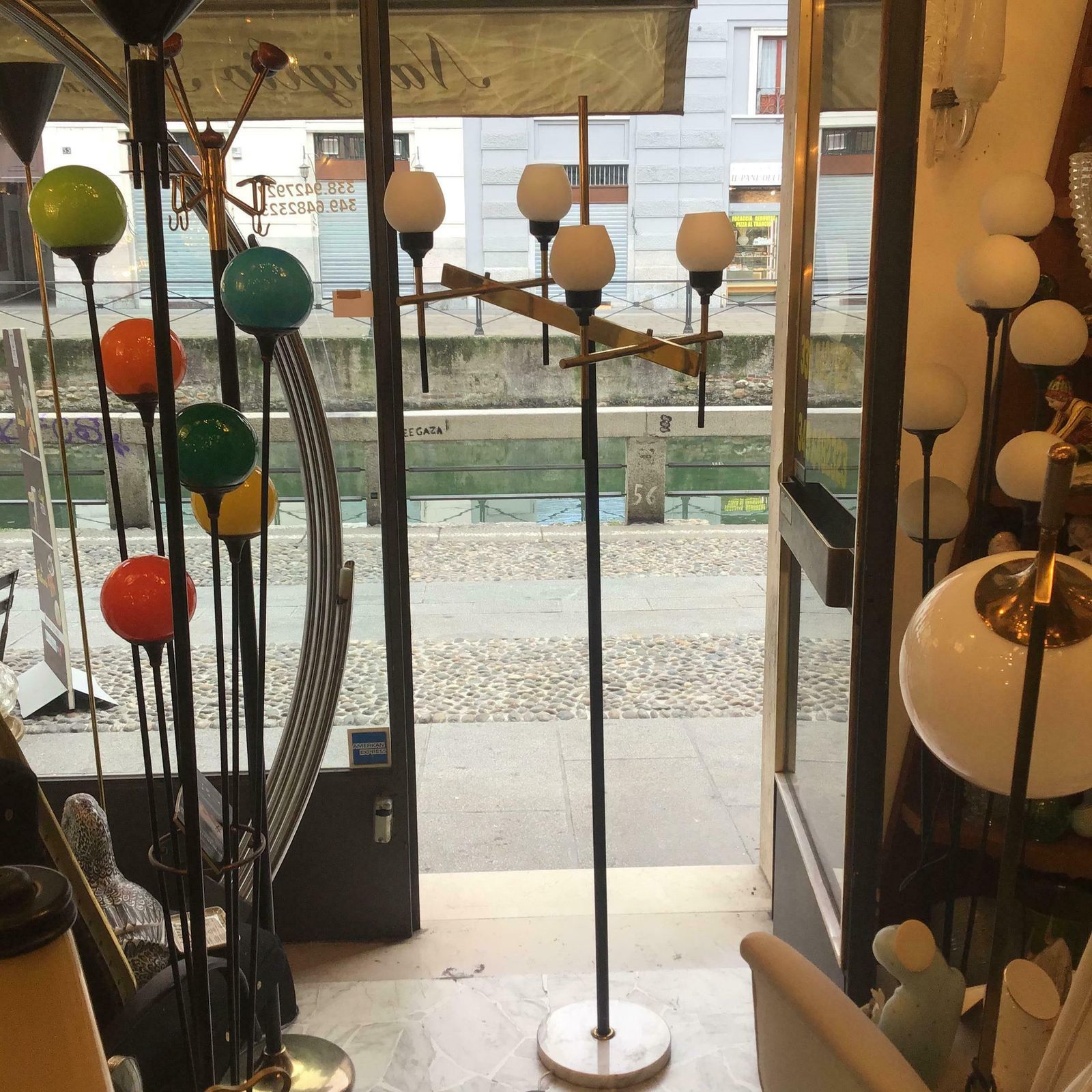 photo furniture Stilnovo Floor Lamp Four Light Marble Iron Glass Brass, Italy