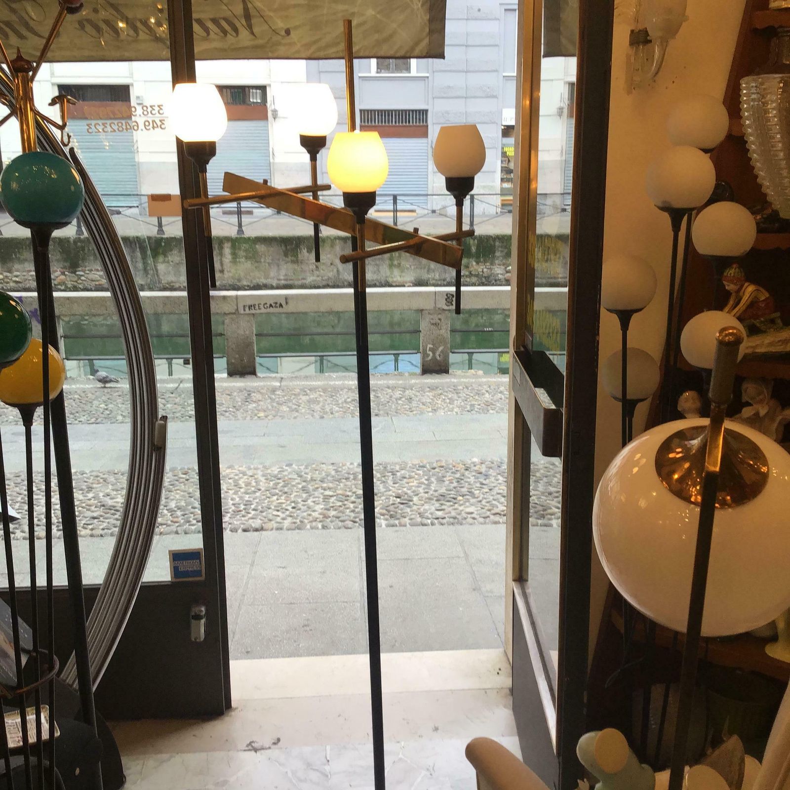 photo vintage Stilnovo Floor Lamp Four Light Marble Iron Glass Brass, Italy