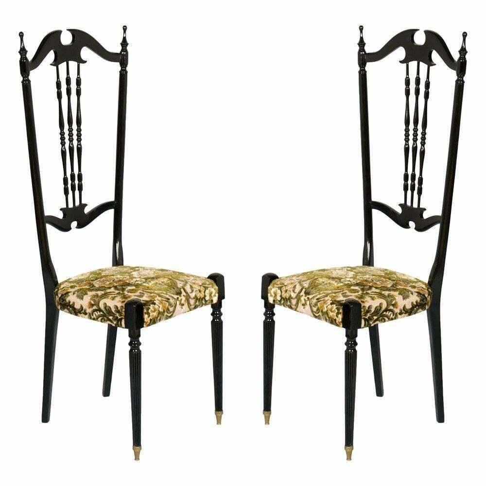Italian Pair Of Chiavari High Back Chairs By Gaetano Descalzi, Ebonized Mahogany