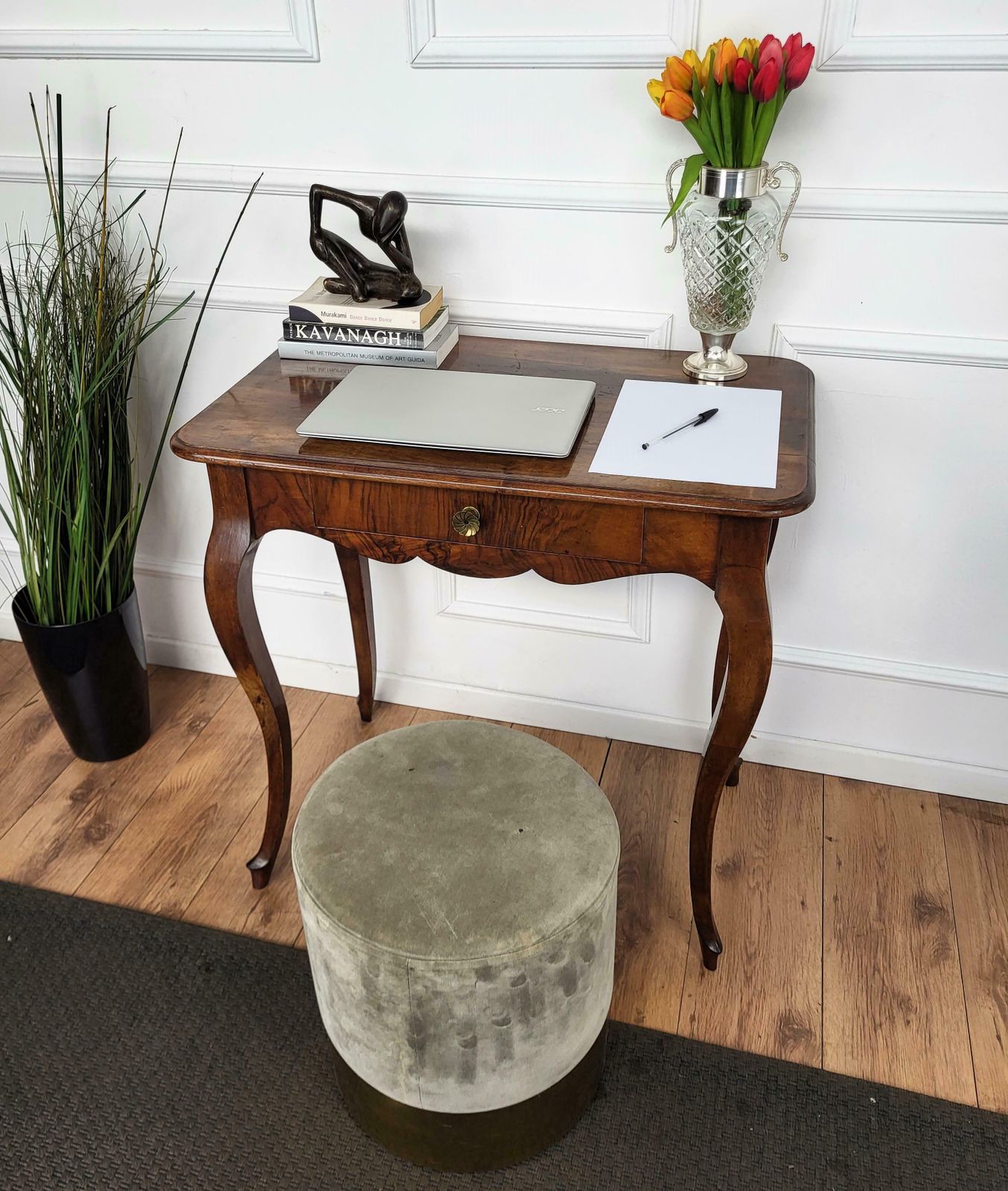 Antique Italian Walnut Desk Side Table With Cabriole Carved Legs photo furniture