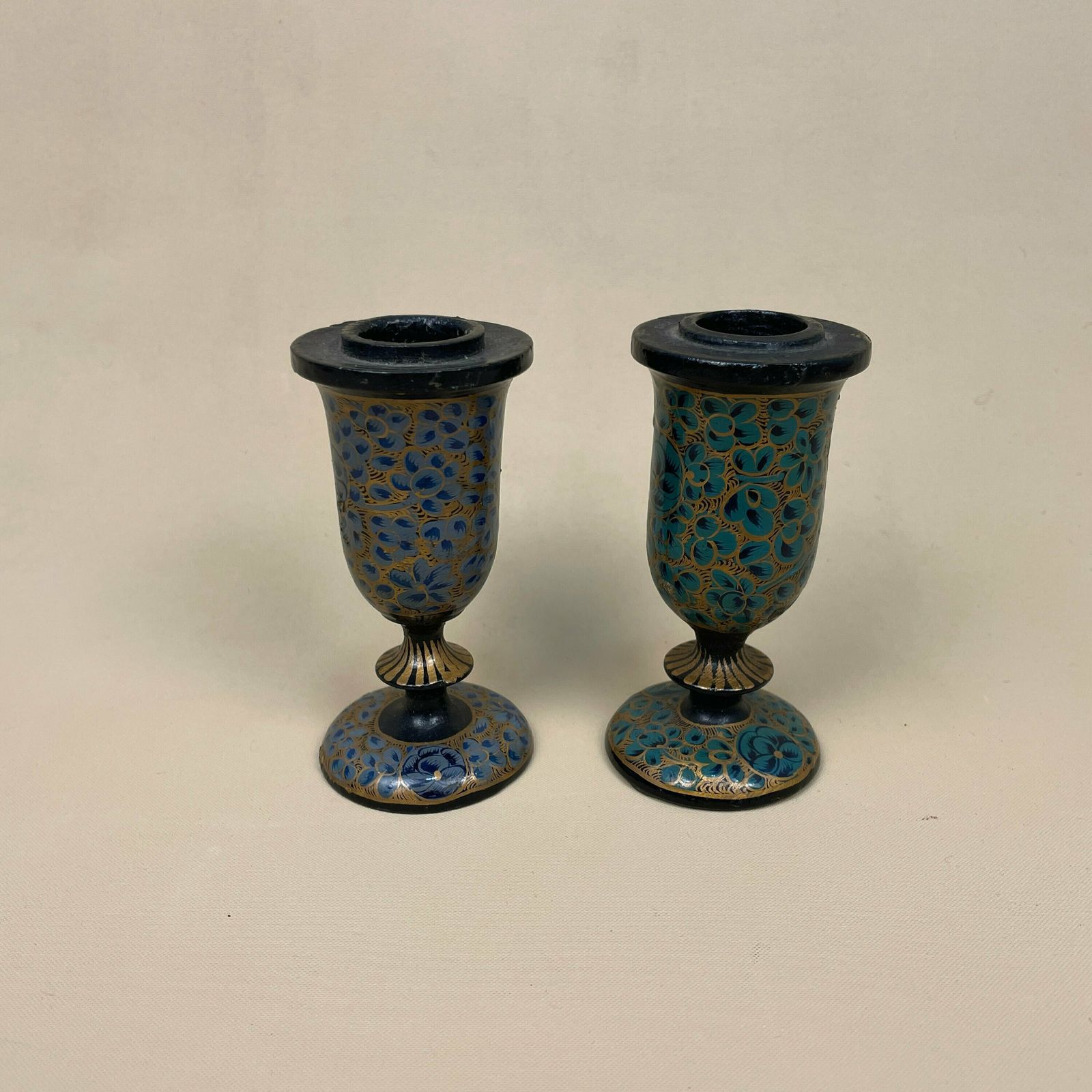 Antique Pair Of Wooden Lacquered Wood Candlestick Candle Stick Vintage Column Taper Dinner Candlesticks Floral Hand Painted Patterned