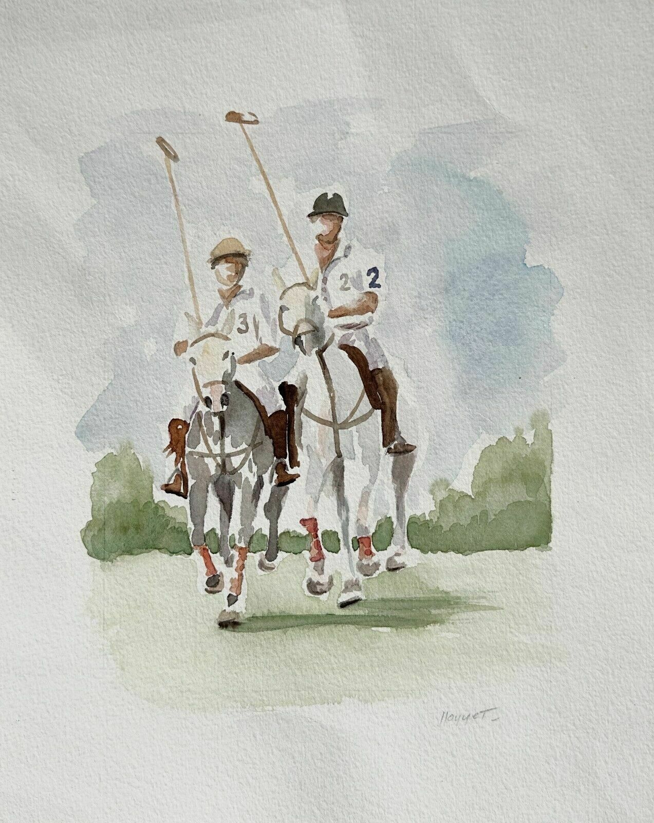Jean Louis Honnet   Original Signed Watercolor Drawing   Horse Polo Scene
