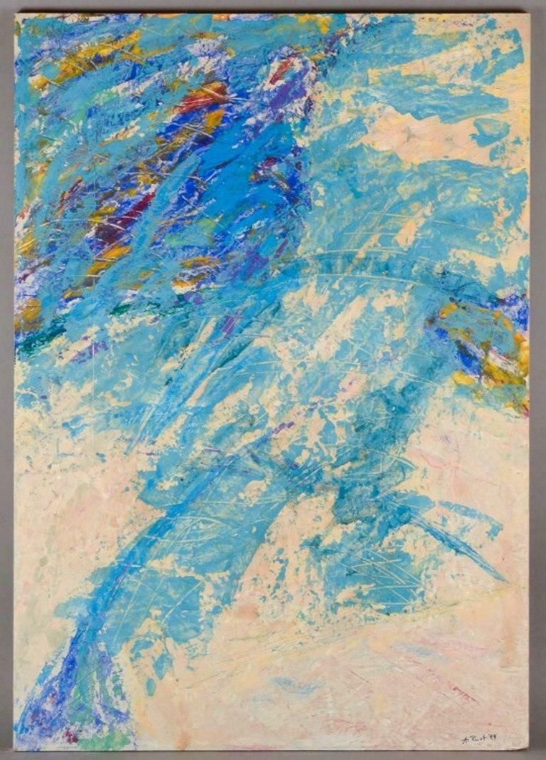 A. Rust, German Artist. Acrylic Painting On Wood Panel. Abstract Composition. photo furniture