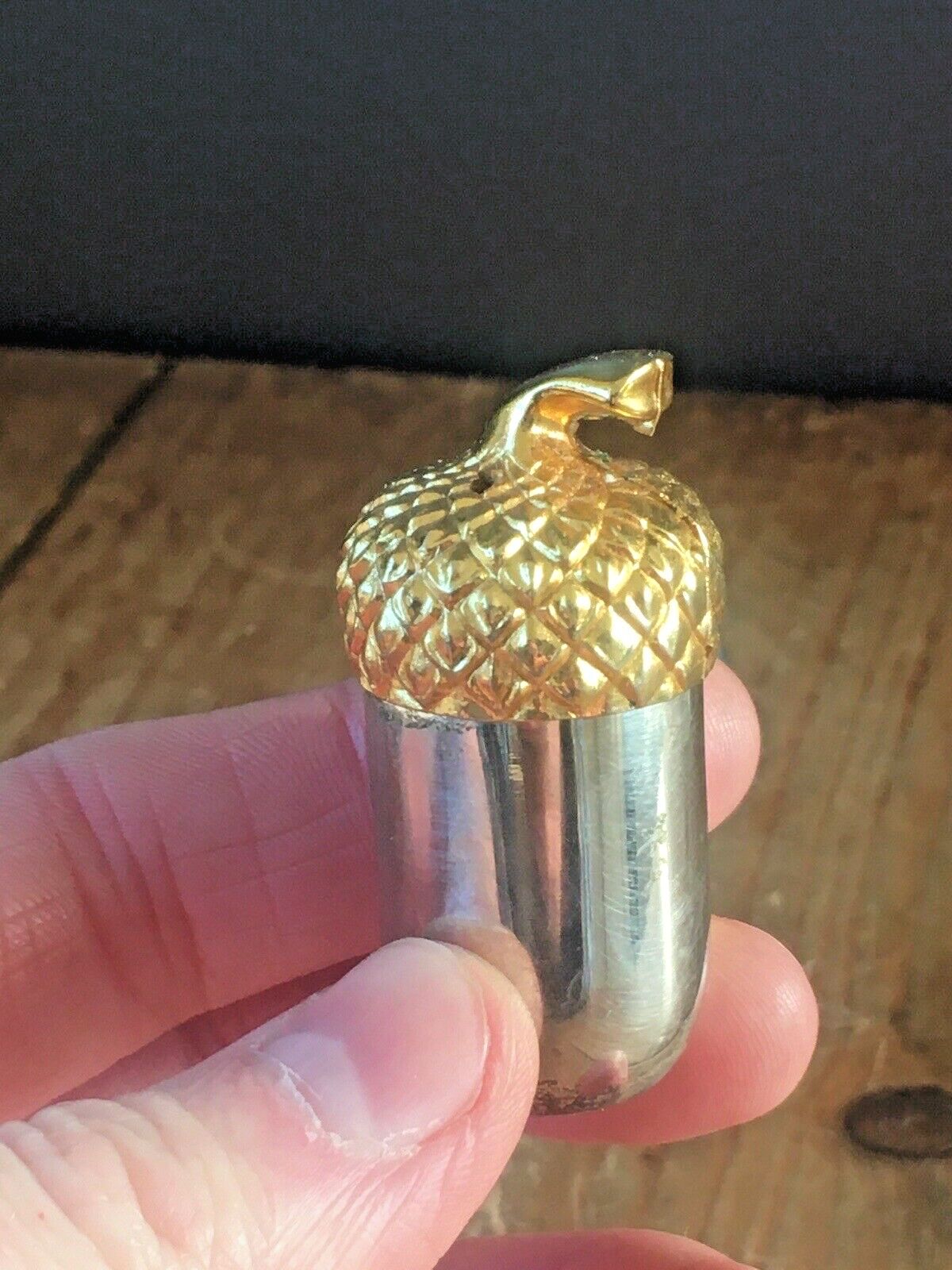 Vintage Acorn Pepperette Silver Tone Metal & Gold Gilt Salt Pepper Powder Shaker