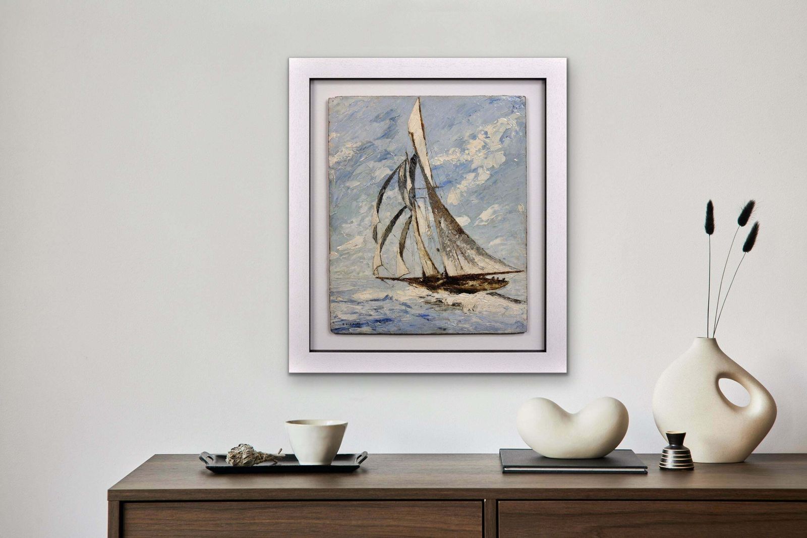 photo for sale Elisabeth Bardon 1892 To 1984. Ocean Gypsy. Elegant Sailing Yacht. Framed 1930s French Marine Impasto Oil Painting.