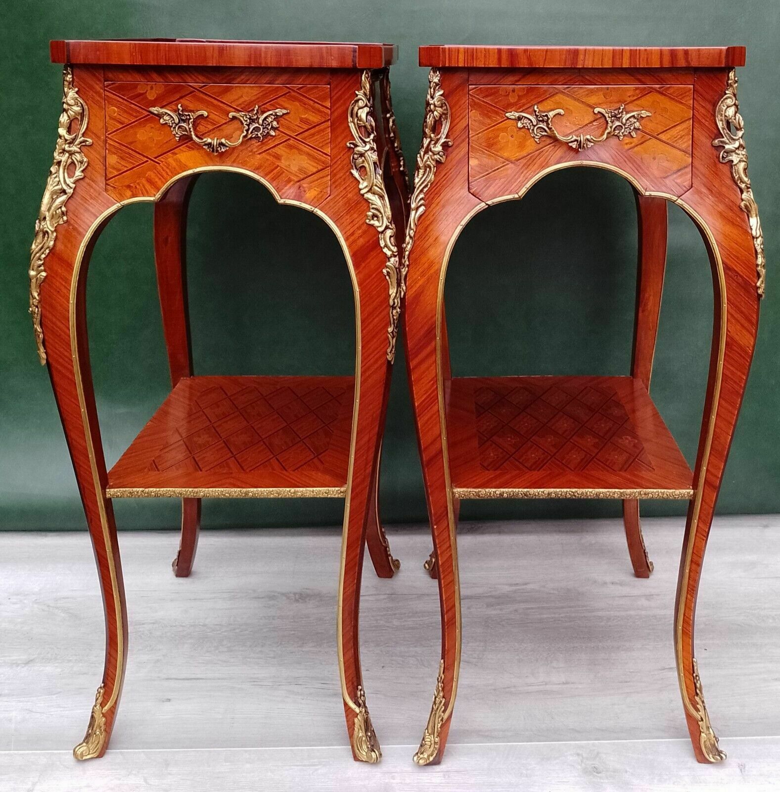 Pair Antique Revival French Empire Ormolu Kingwood Bedside Nightstands Side End Lamp Tables photo furniture
