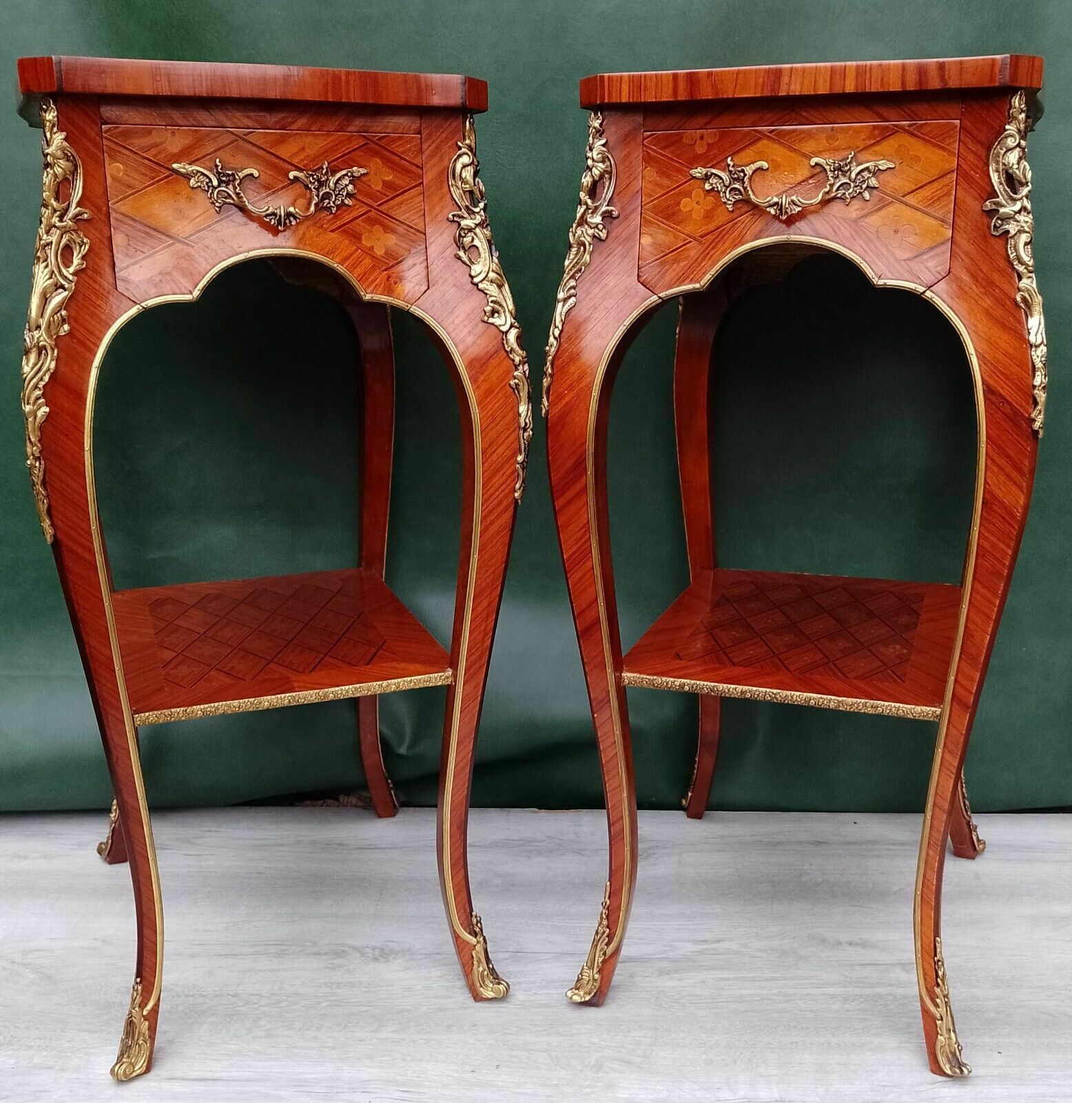 Pair Antique Revival French Empire Ormolu Kingwood Bedside Nightstands Side End Lamp Tables photo buy