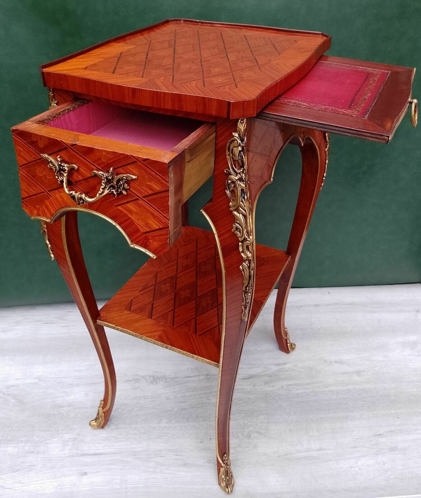 photo furniture Pair Antique Revival French Empire Ormolu Kingwood Bedside Nightstands Side End Lamp Tables