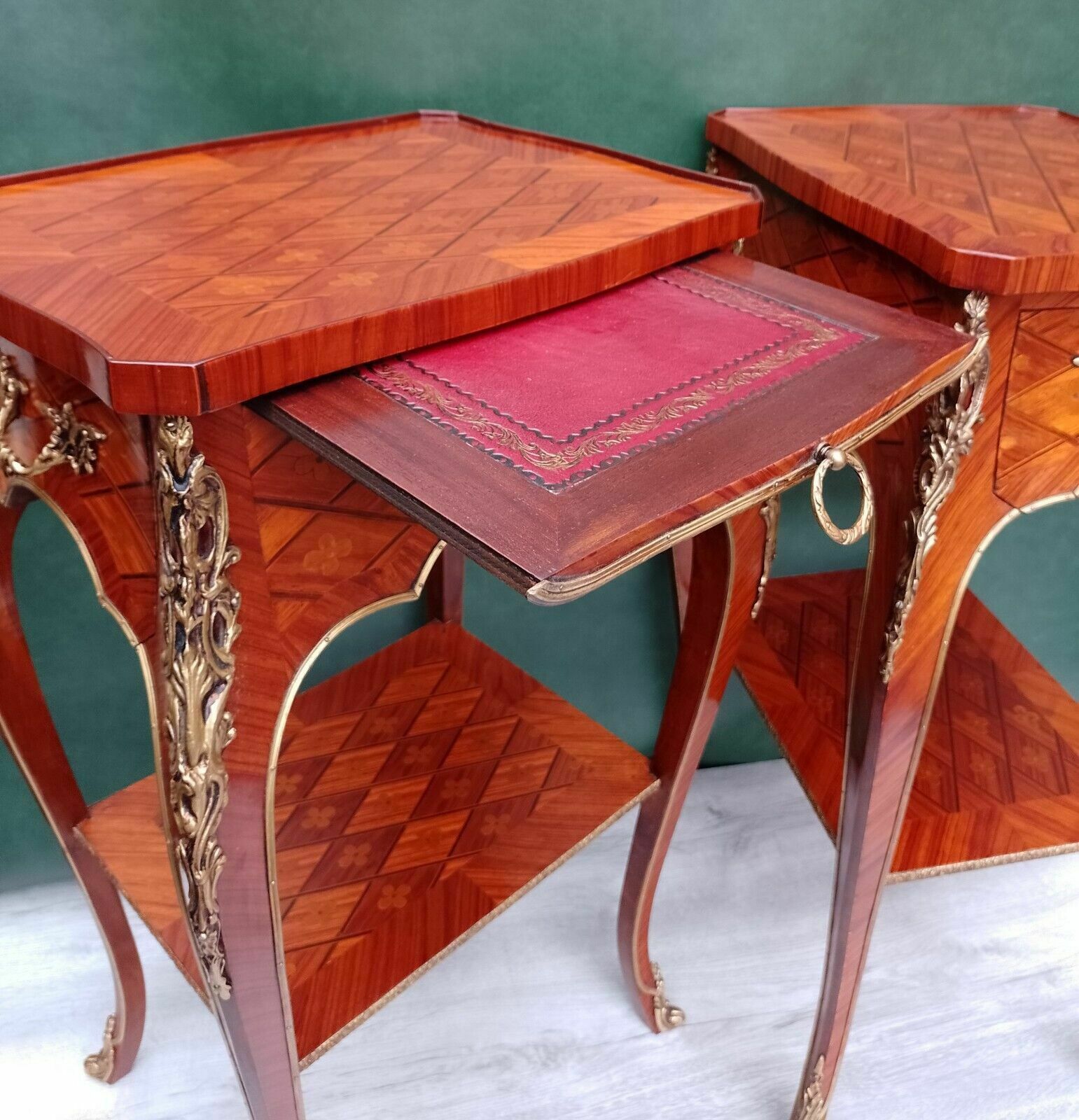 Furniture Pair Antique Revival French Empire Ormolu Kingwood Bedside Nightstands Side End Lamp Tables photo