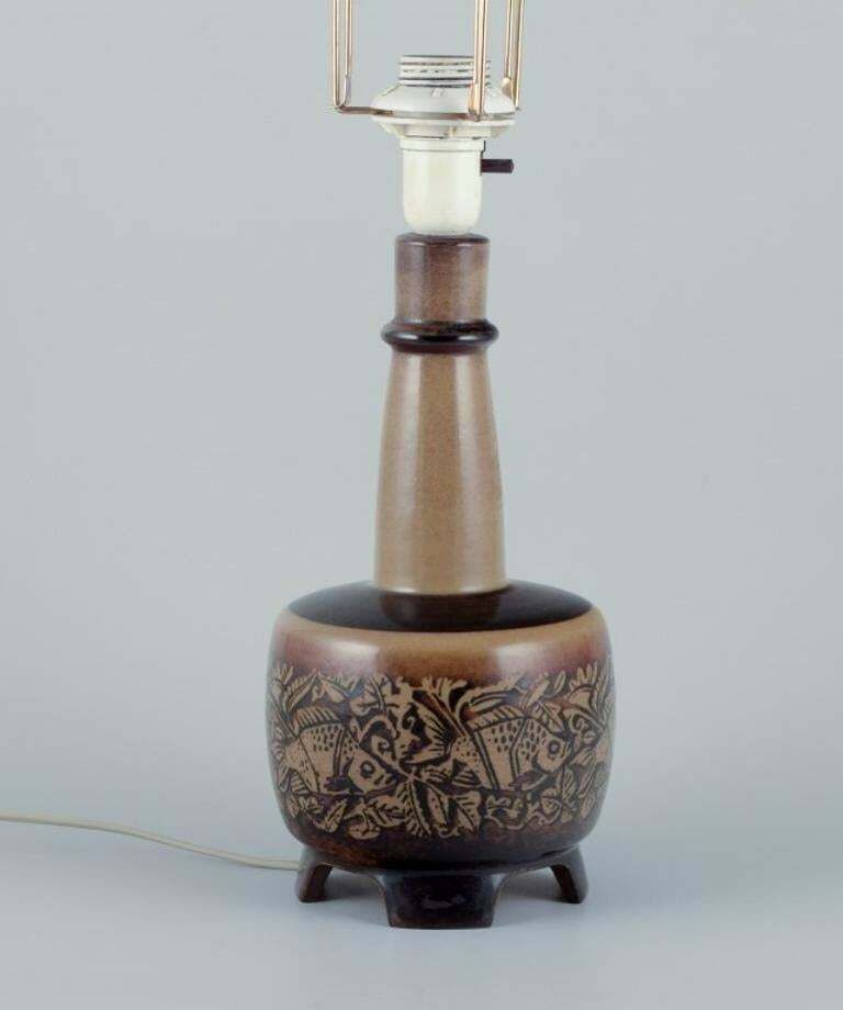 Nils Thorsson For Royal Copenhagen. Table Lamp In Stoneware With A Motif Of Fish photo for sale