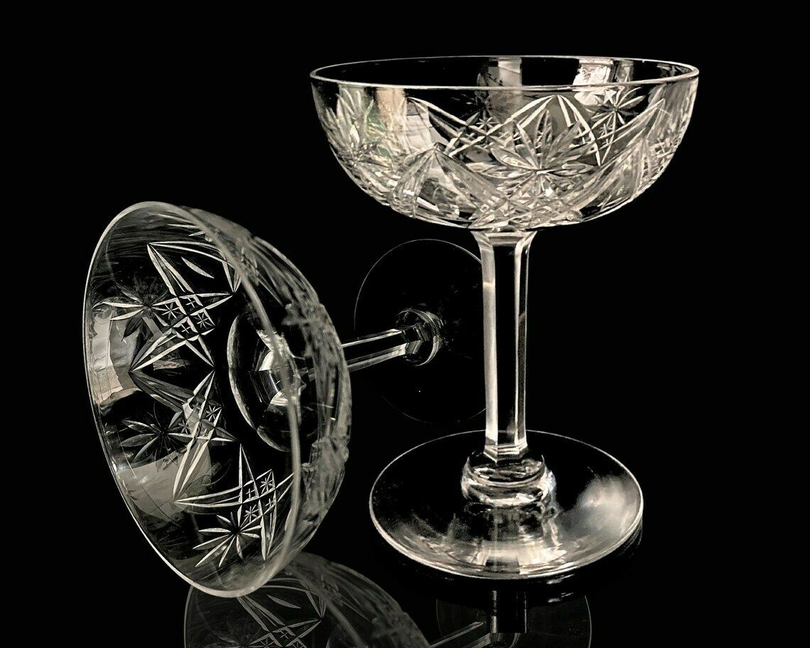 Franse Champagnecoupes | 2 Stuks | Geslepen Kristal Met Sterpatroon