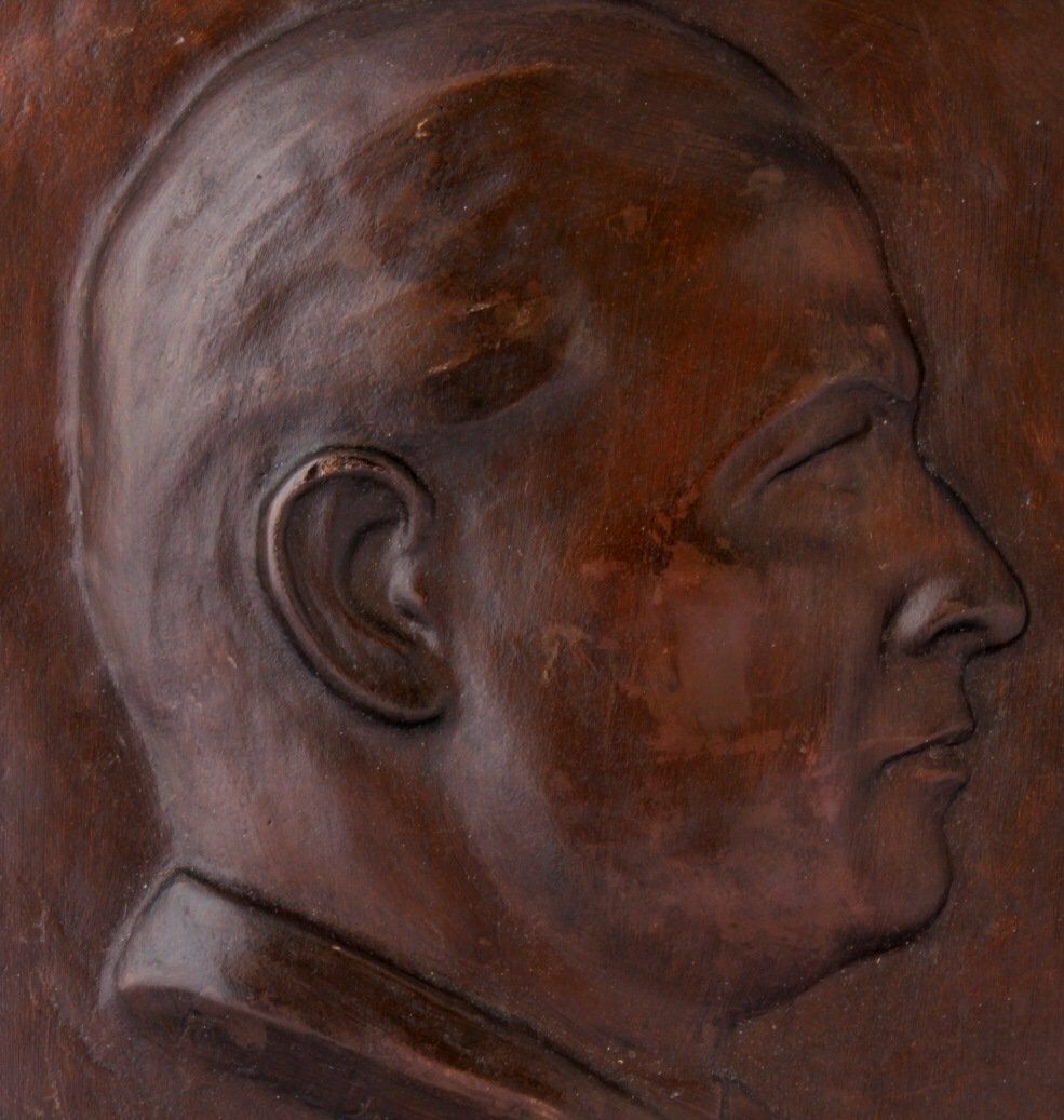 Bronze Plaque Male Portrait Signed Eugene Canneel. Mans Head Art C1920. photo for sale