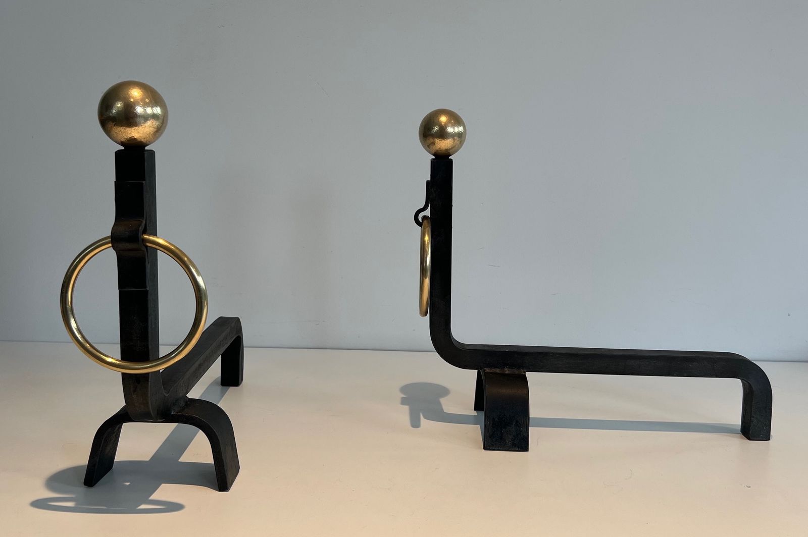 Pair Of Wrought Iron And Brass Andirons In The Taste Of Jacques Adnet photo 1450.0