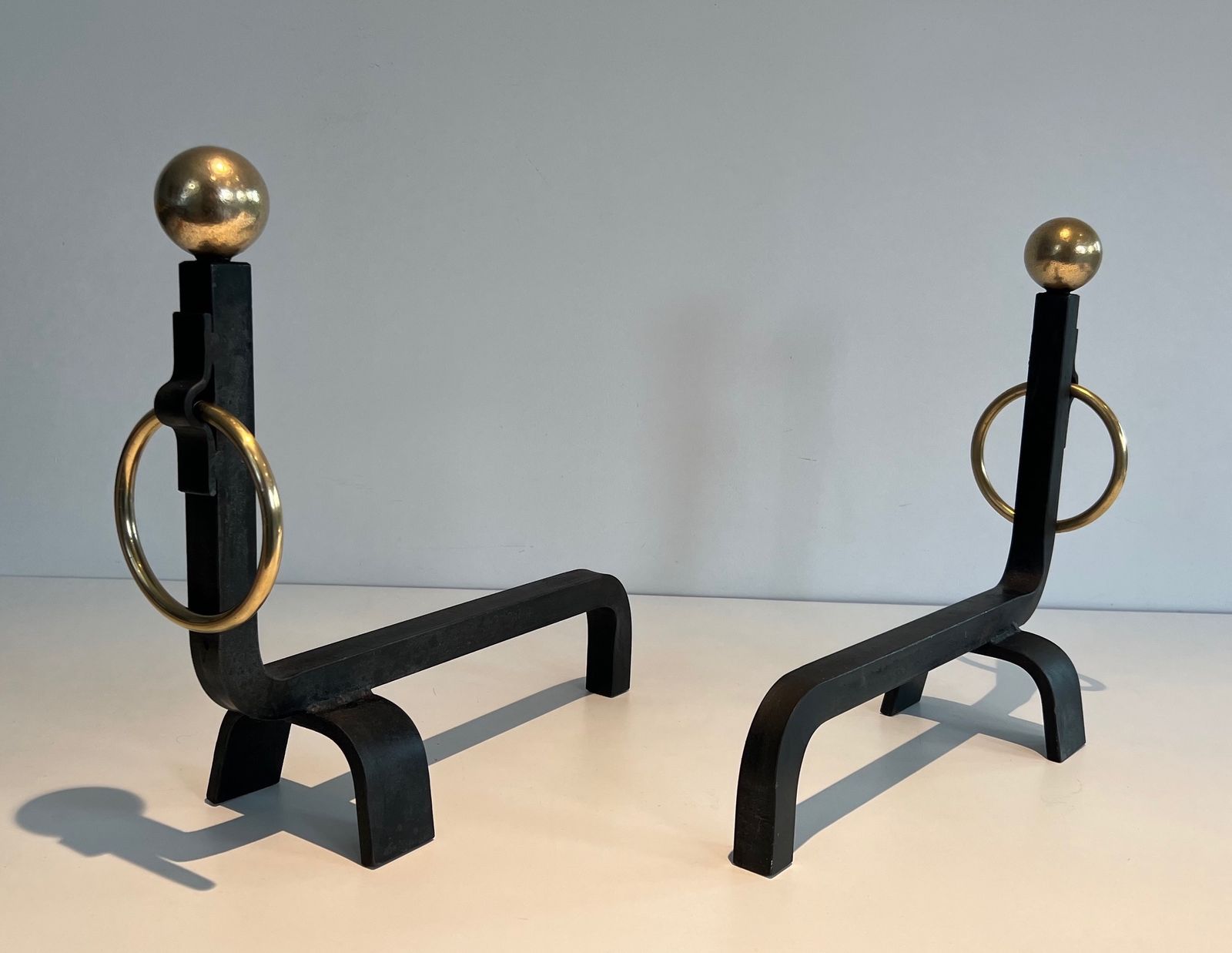 Pair Of Wrought Iron And Brass Andirons In The Taste Of Jacques Adnet photo vinterior