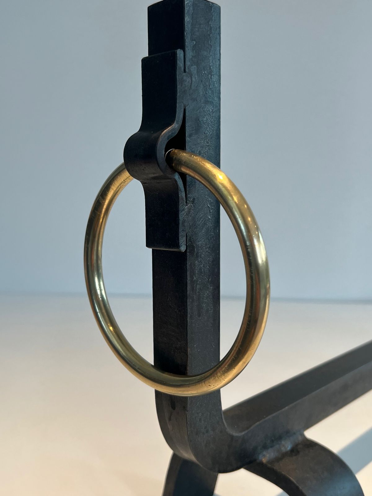 photo for sale Pair Of Wrought Iron And Brass Andirons In The Taste Of Jacques Adnet