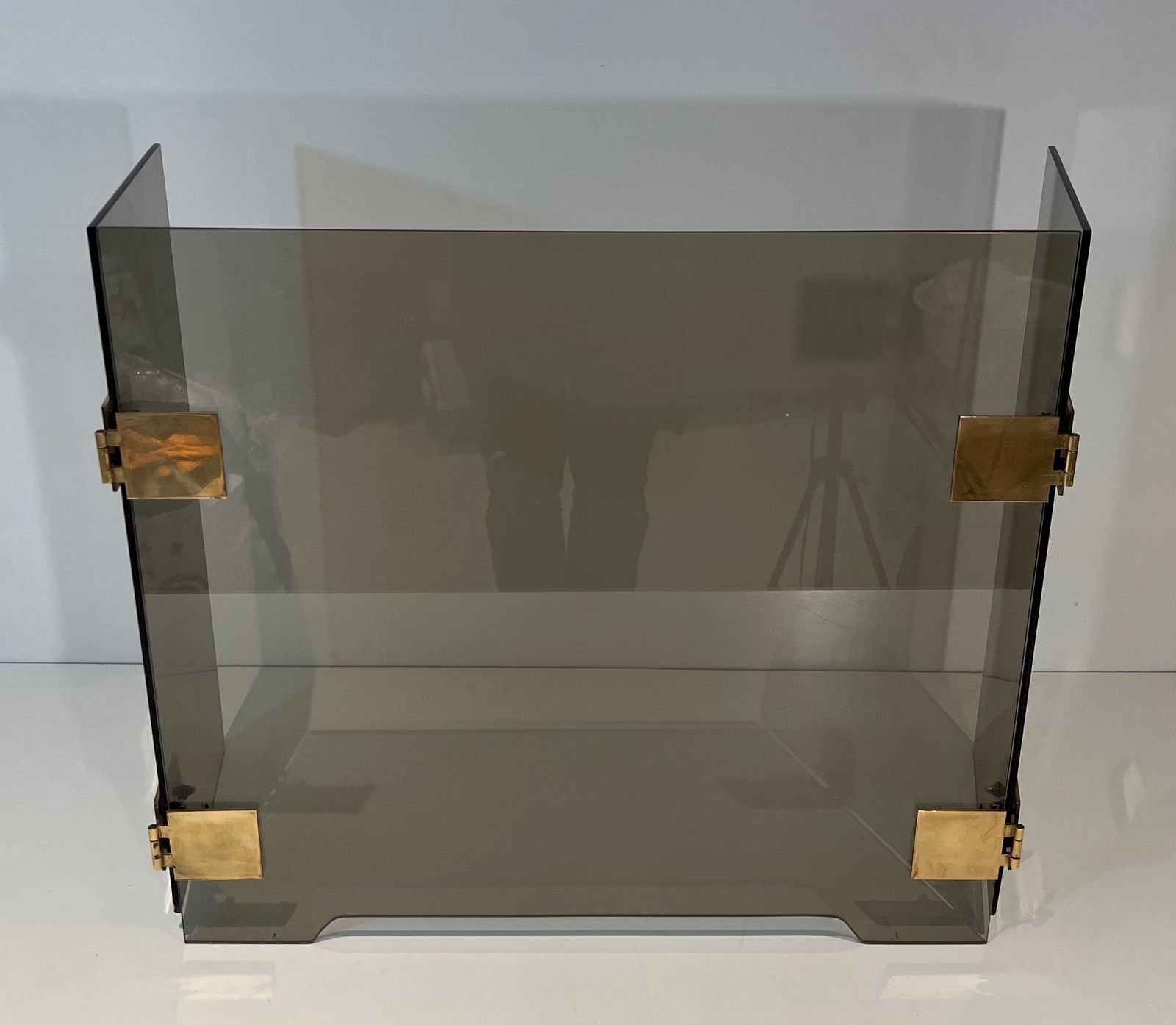Tri Fold Firewall In Smoked Glass And Brass. Around 1970 photo 1250.0