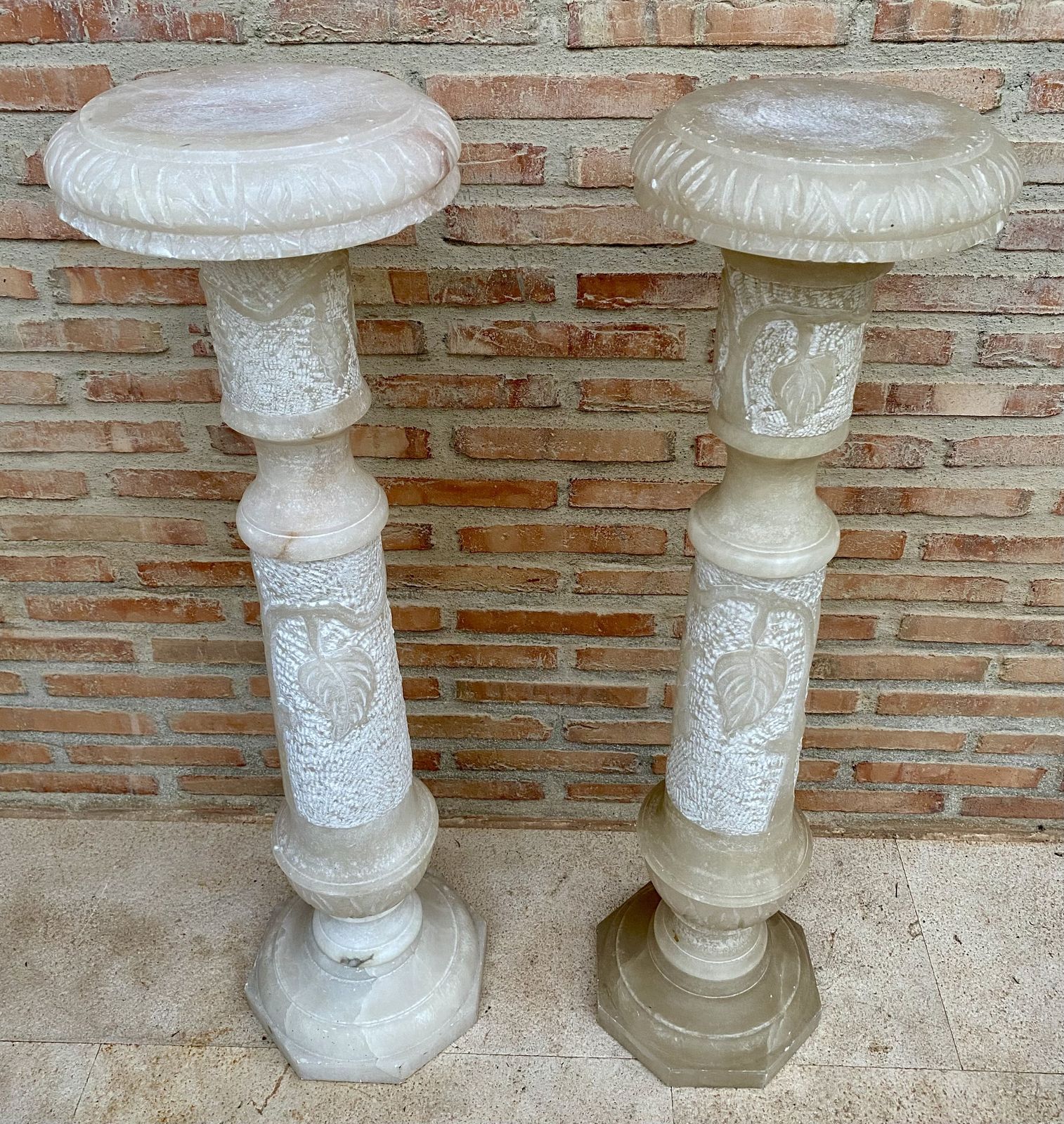 Pair Of Italian Empire Carved Carrara Marble Pedestal Tables, Sculpture Stands Or Columns photo buy