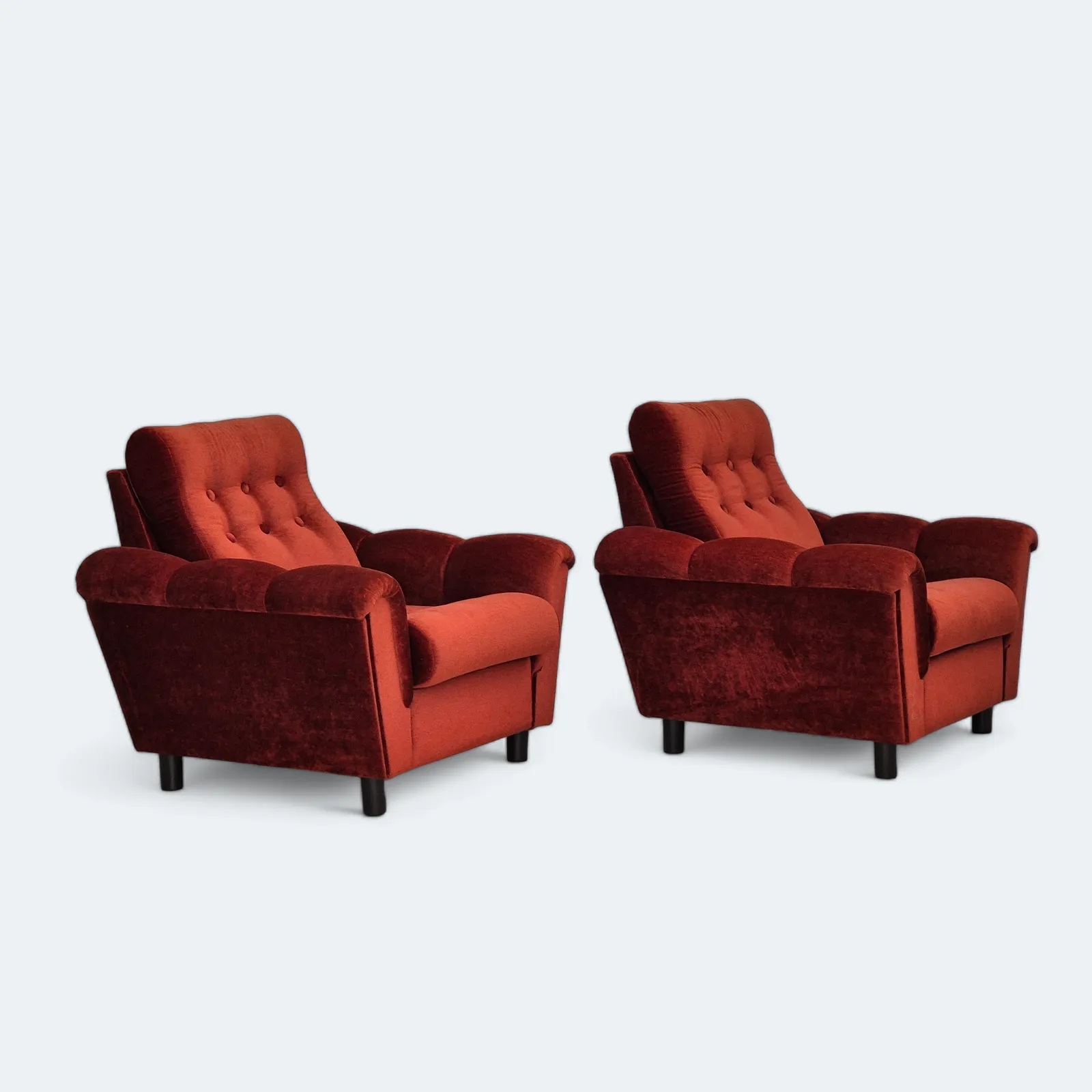 1980s, Danish Set Of 2 Relax Armchairs In Original Very Good Condition, Brown/Red Furniture Velour.