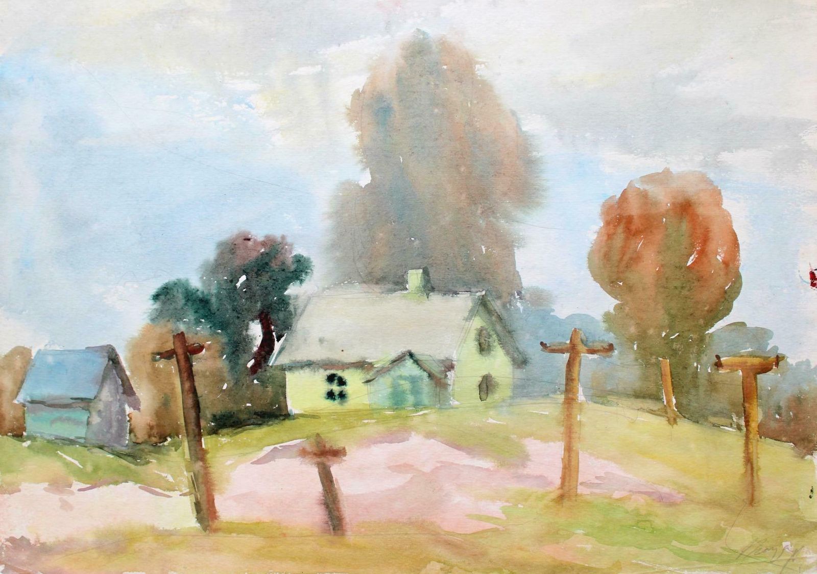 Dzidra Ezergaile Rural Landscape. Paper, Watercolor