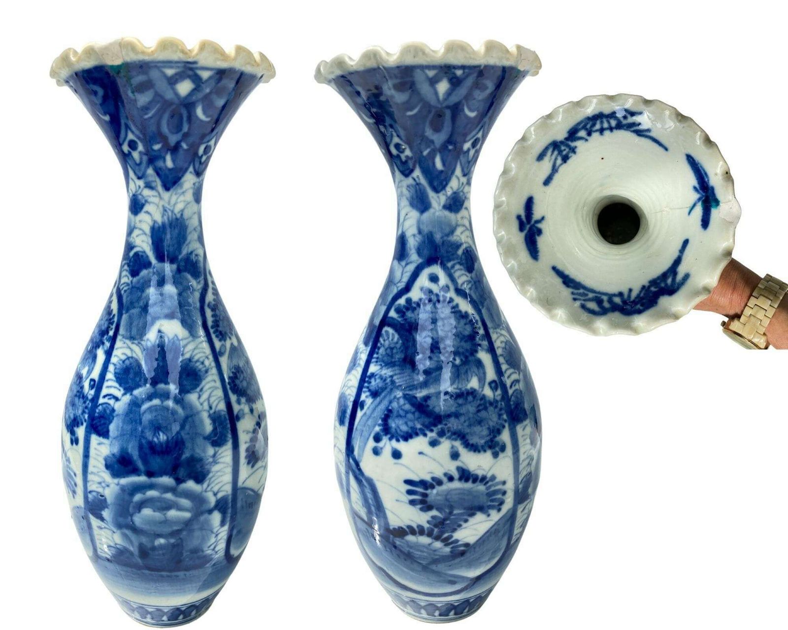 Pair Blue And White Vases | 2pcs | Antique Japanese Collar| Hand Painted | Ca 1900 photo vinterior