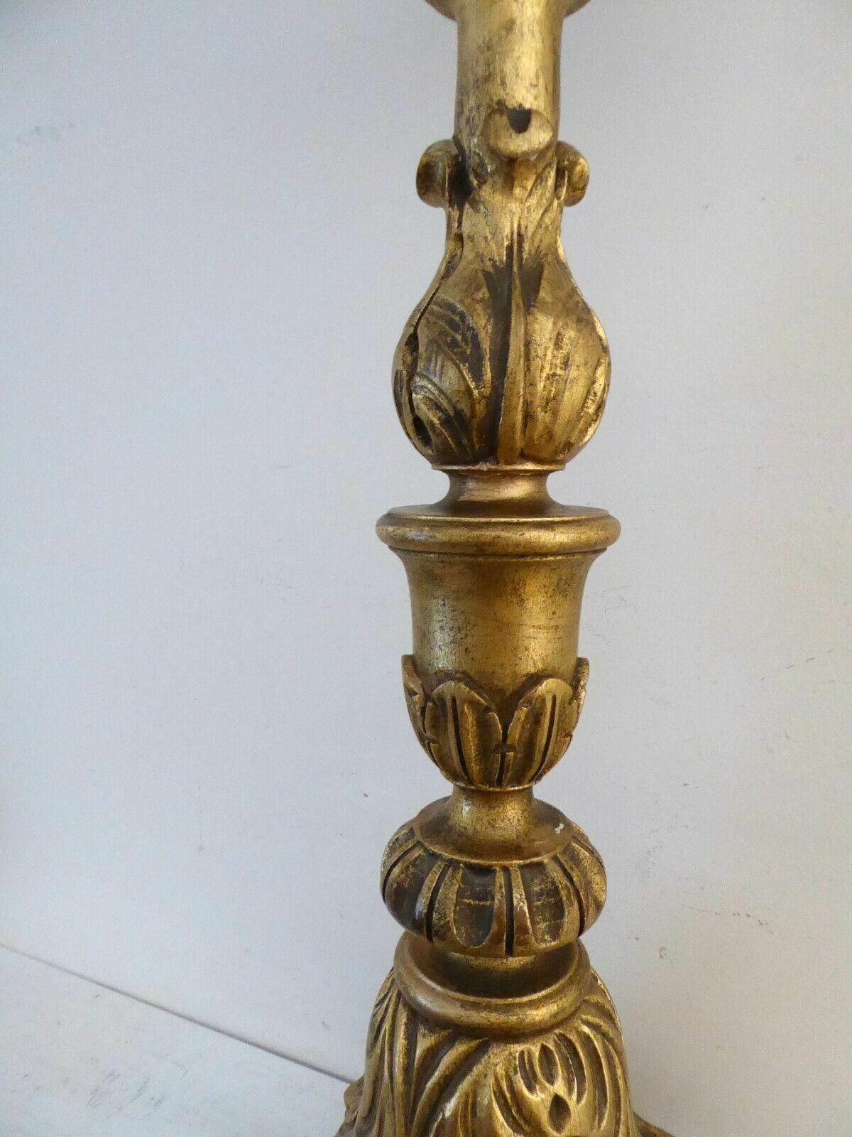 Old Tall Italian Gold Carved Wooden Altar Candle Table Lamp Shade Fully Working photo vinterior