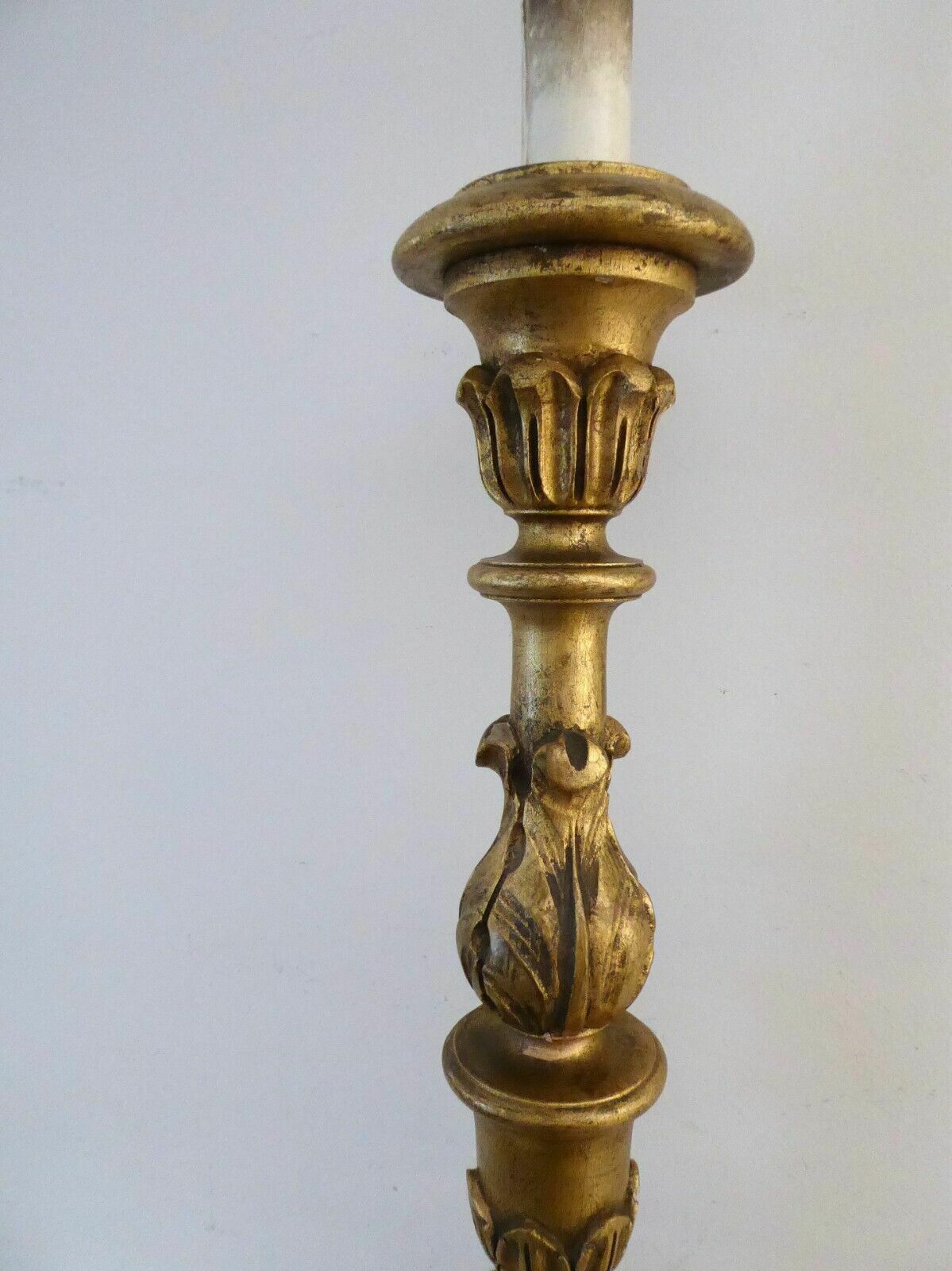Old Tall Italian Gold Carved Wooden Altar Candle Table Lamp Shade Fully Working photo buy