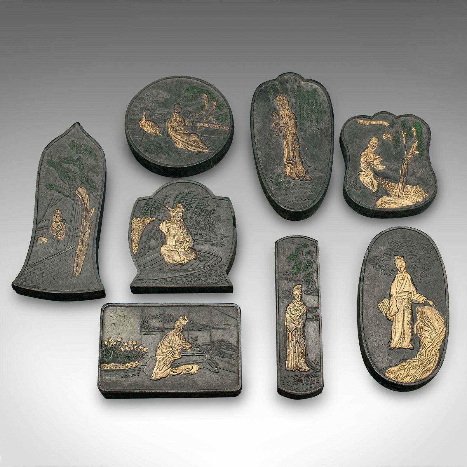 Set Of 8 Antique Calligraphic Ink Blocks, Chinese, Case, Printing, Victorian photo Home Decor